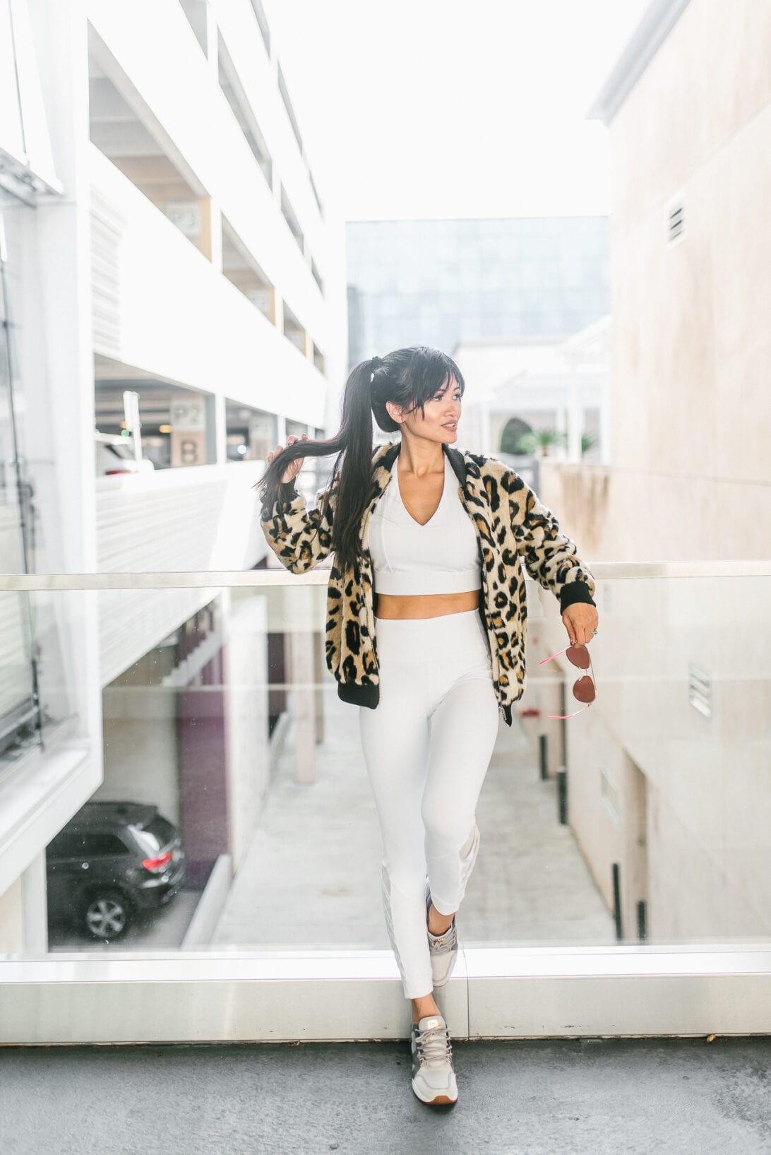 leopard bomber jacket, Revolve, leopard jacket, white workout set 