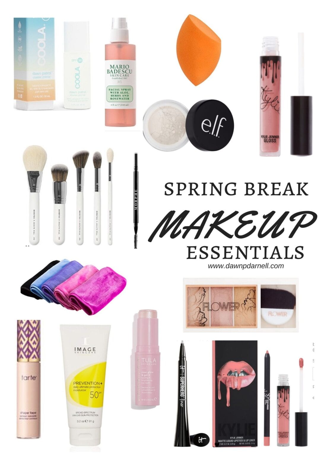 makeup essentials, everyday essentials, Kylie ip kit, tart shape tape, flower beauty, elf beauty, elf cosmetics 