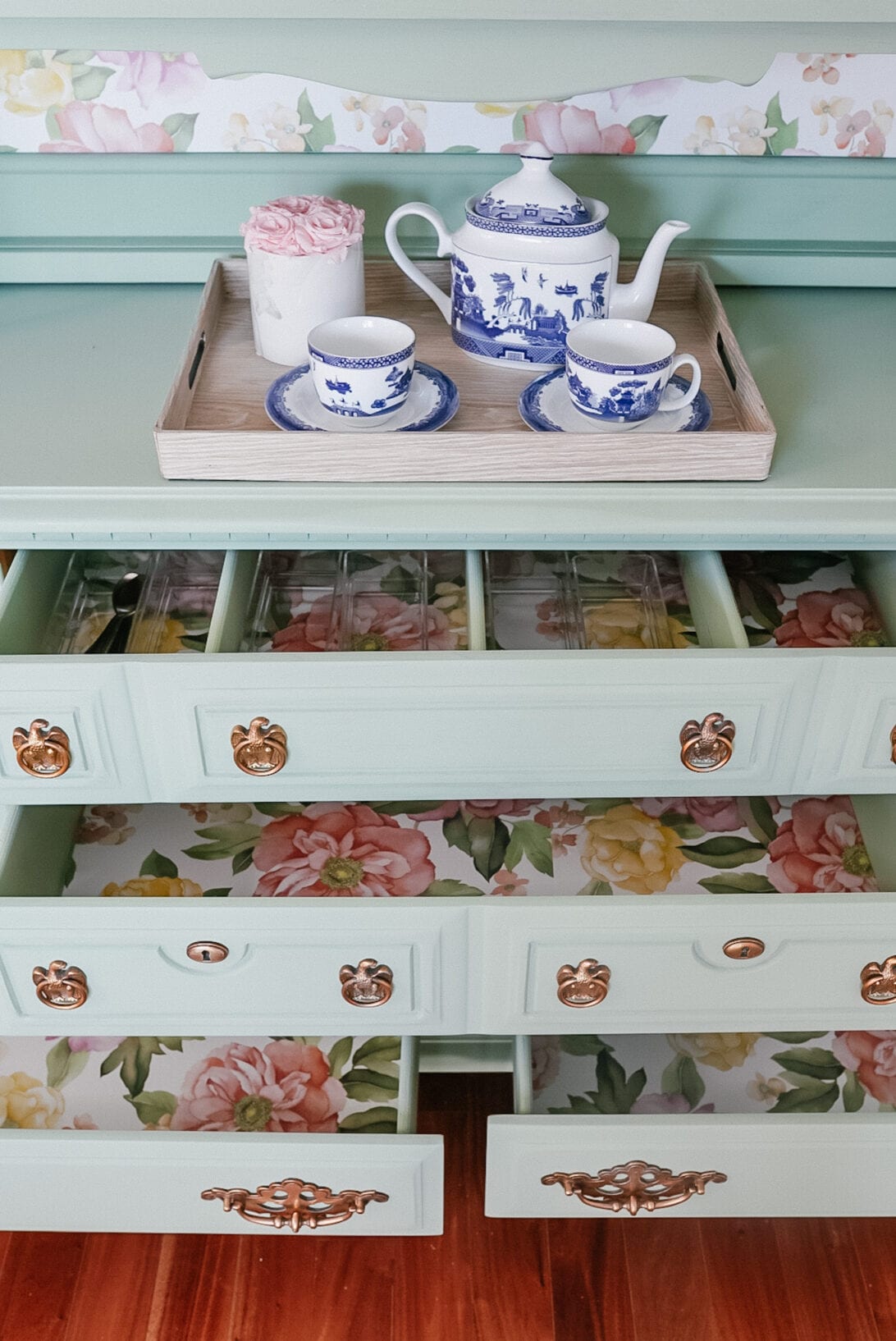 wall paper drawers, painted furniture, floral wall paper, China hutch, buffet