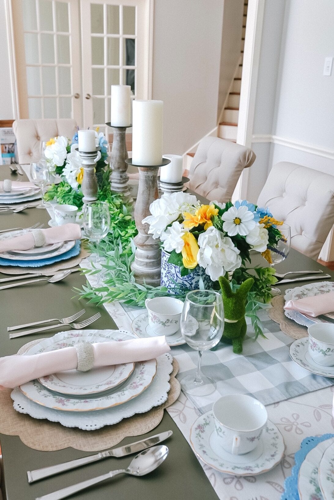 table setting, Easter table setting, floral table setting, tablescape, china dinnerware, napkins, tea set 