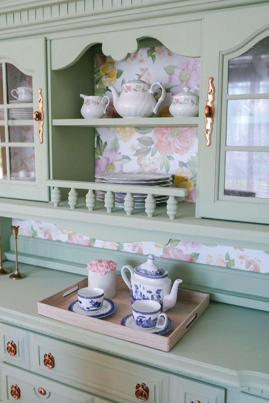 tea sets, china tea set display, French country tea set, china hutch DIY, painted china hutch, wall paper, floral wall papre