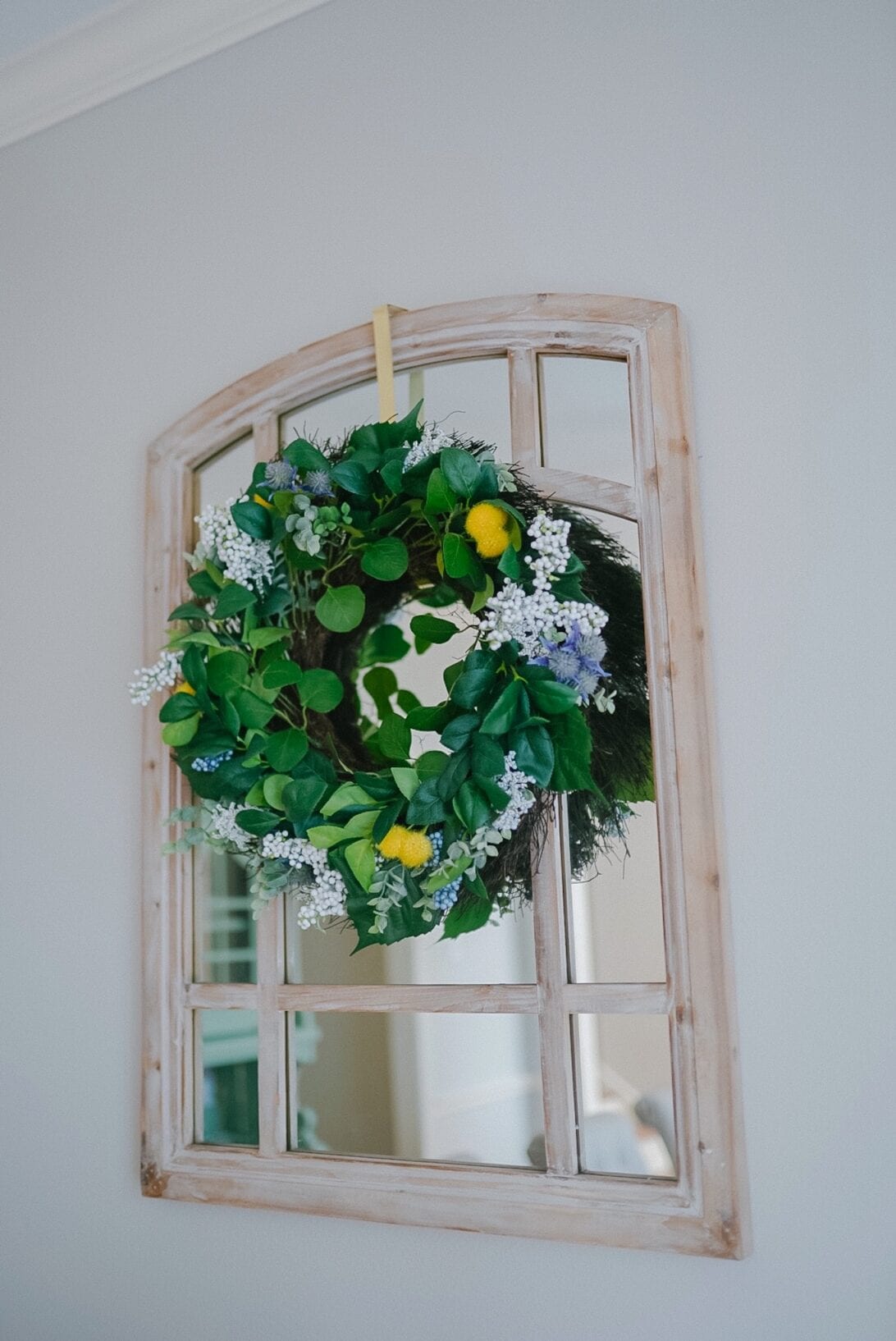 window pane mirror, rustic mirror, lemon wreath, spring wreath, summer wreath