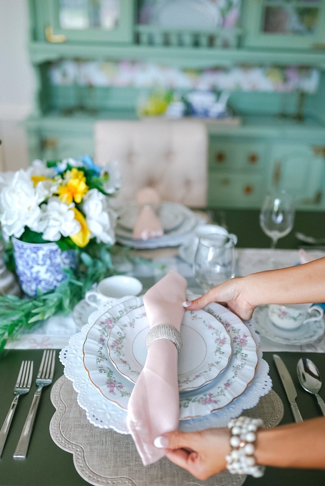 pink table napkins, silver napkin ring, floral china set , Easter table setting 