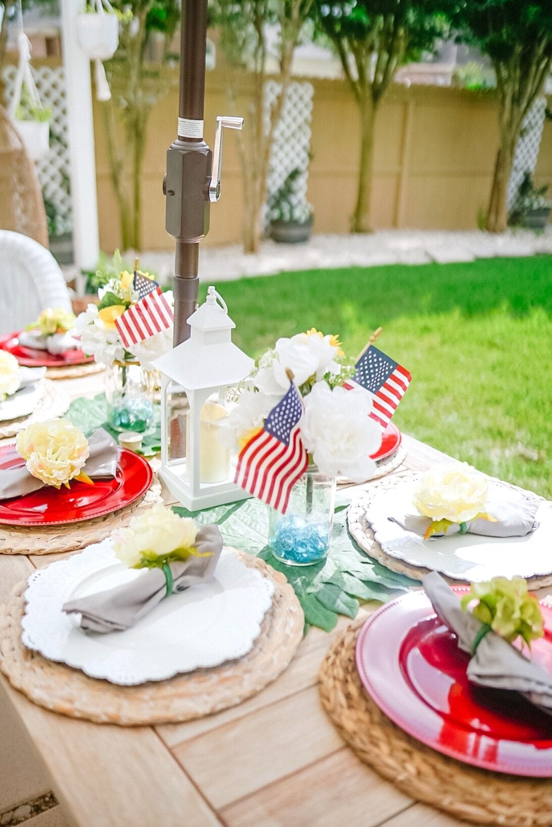 patriotic themed tablescape, American Flag tablescape, Patriotic table decor, red, white, and blue table decor 
