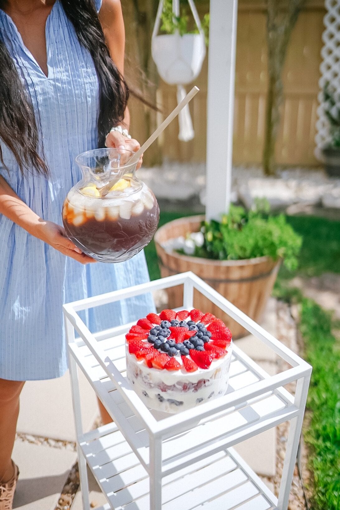 white rolling cart, white serving cart, strawberry trifle, berry trifle, sweet lemon ice tea