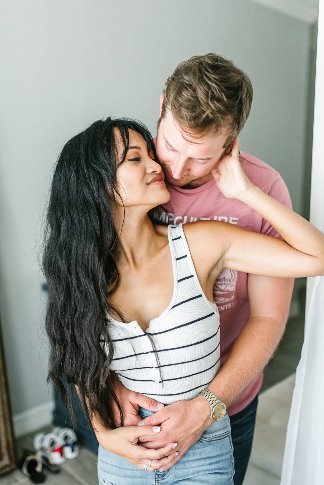 couple's photos, striped bodysuit 