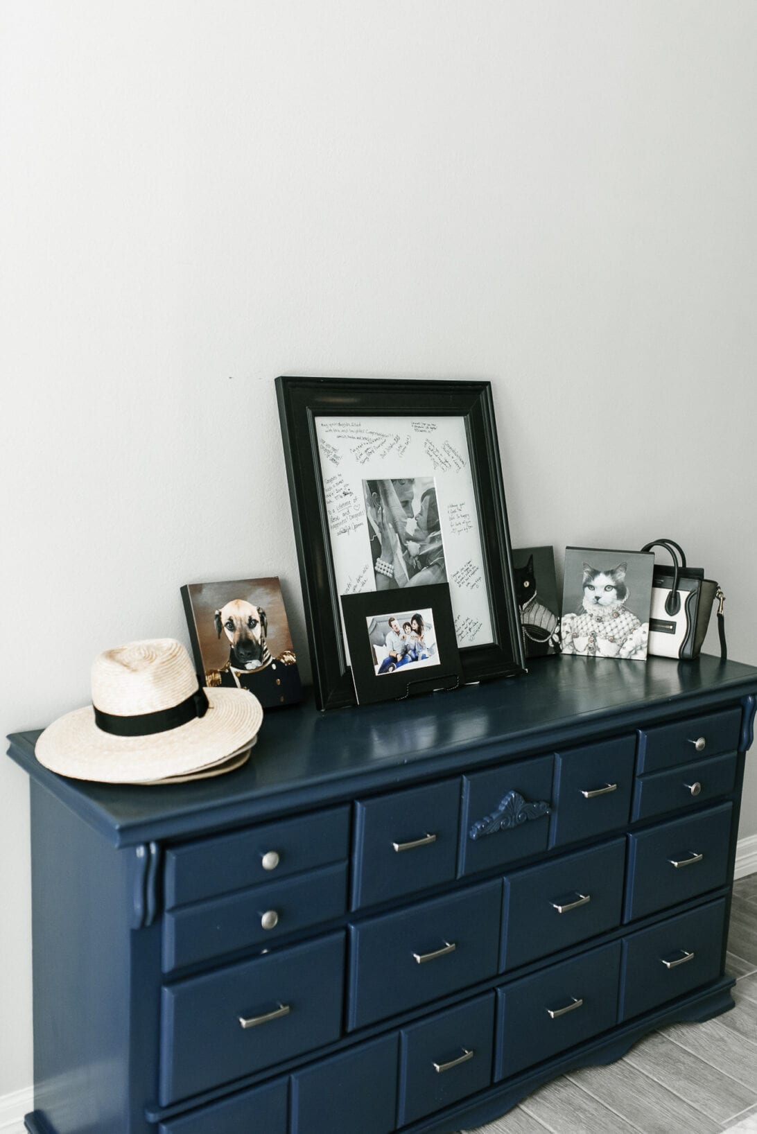 blue dresser, master bedroom