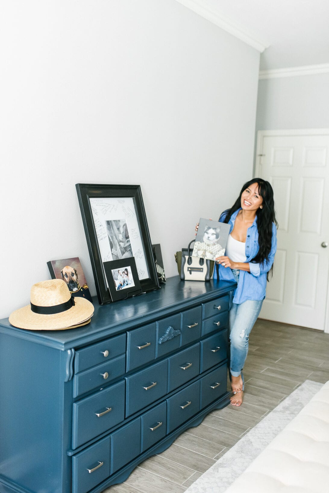 blue dresser, cat royal photos, crown and paw, master bedroom 