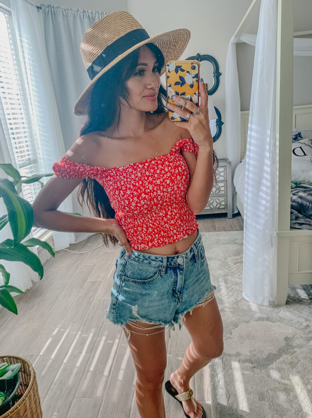 red top and cut off shorts 