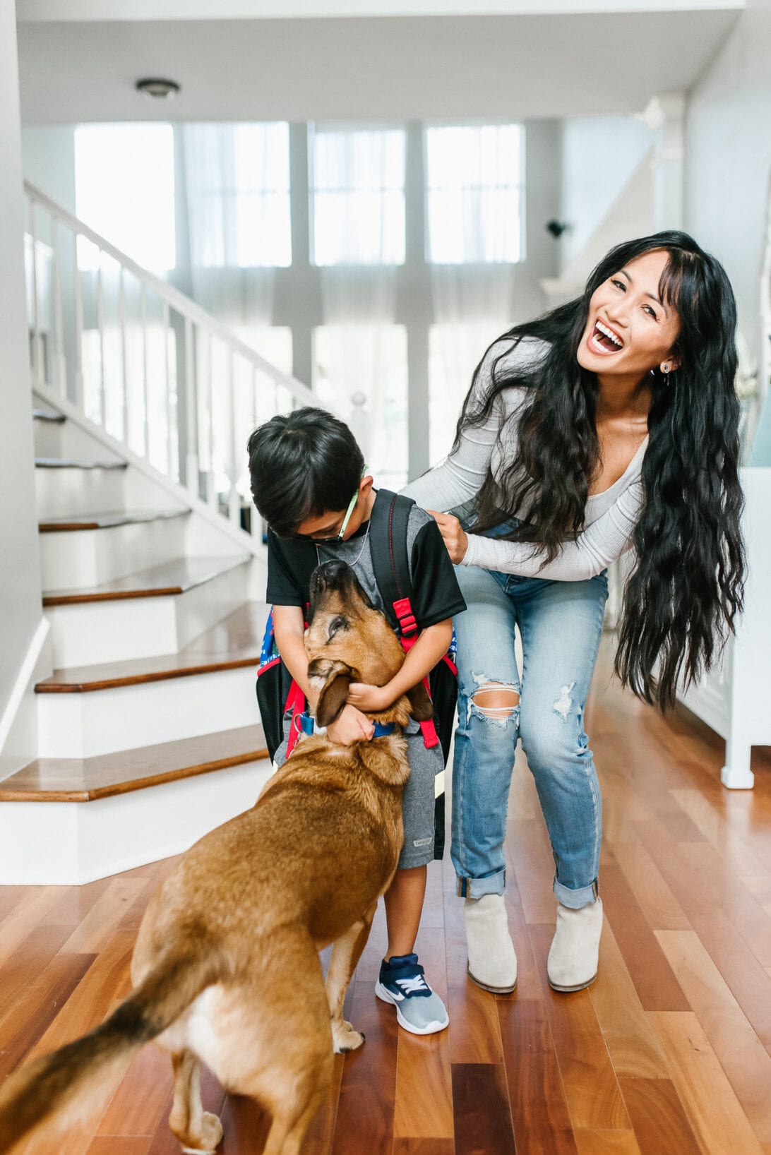 first day of School, boy and his dog