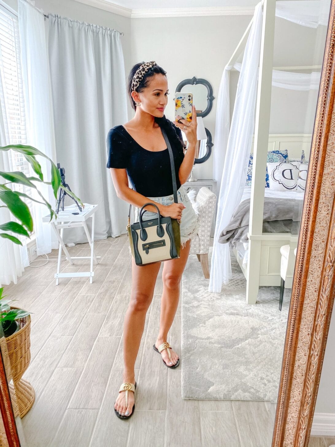 Celine crossbody bag review, Gucci sandals, black bodysuit 