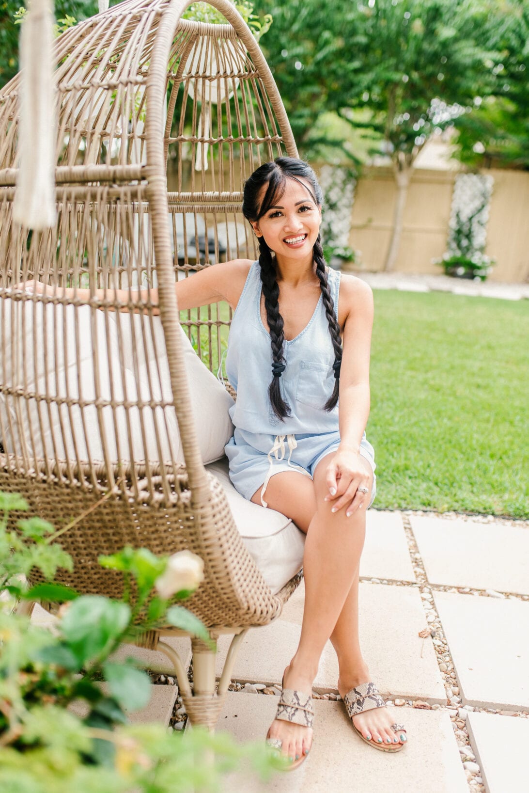 egg chair, chambray romper, backyard patio