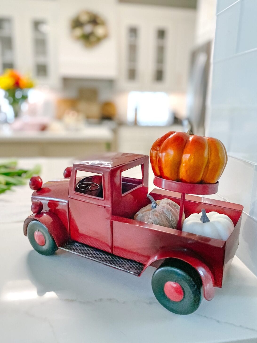 red truck, red fall truck, fall home decor 