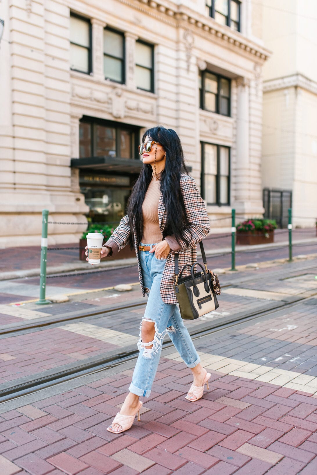 boyfriend jeans, bodysuit, Celine luggage nano, quilted sandals 