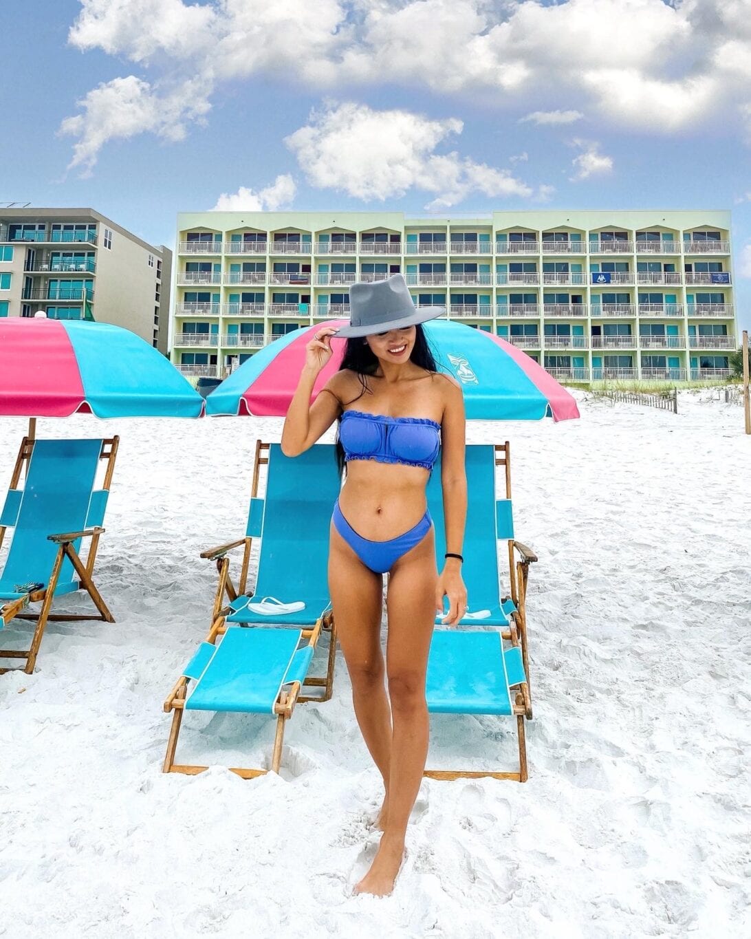 blue bikini, fedora, Best Western, beach front hotel 