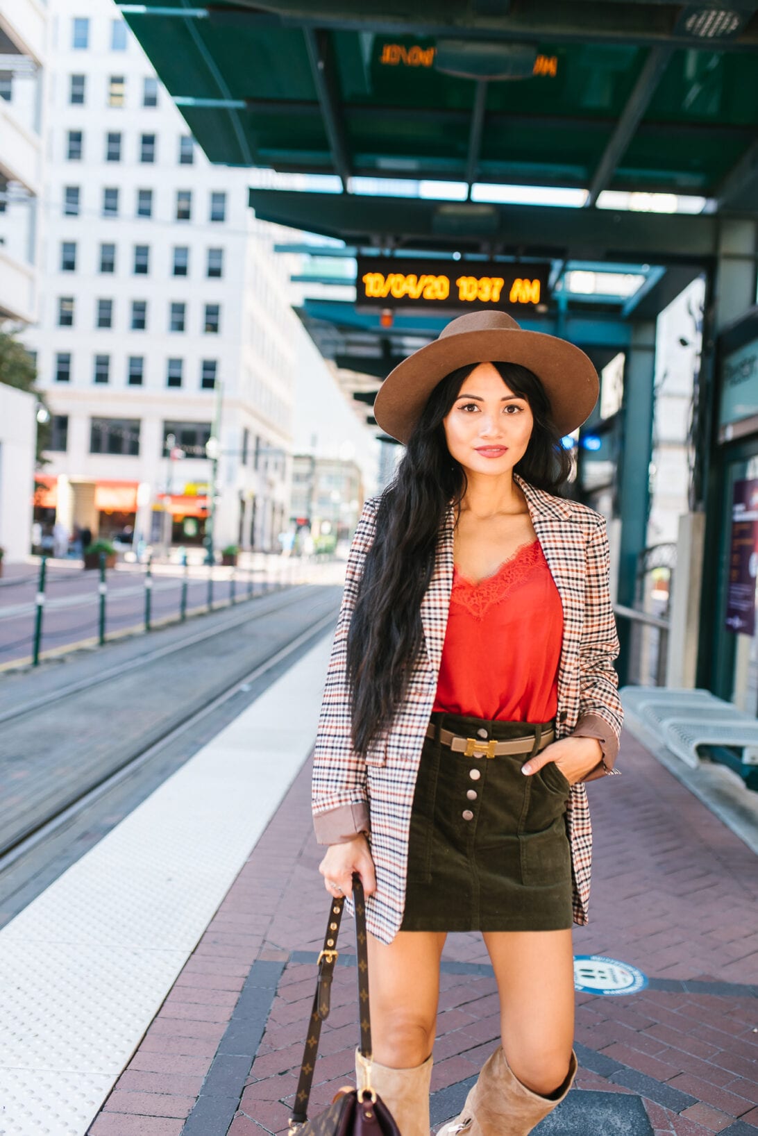 corduroy mini skirt, lace cami, fall blazer, fedora, reversible hermes belt 