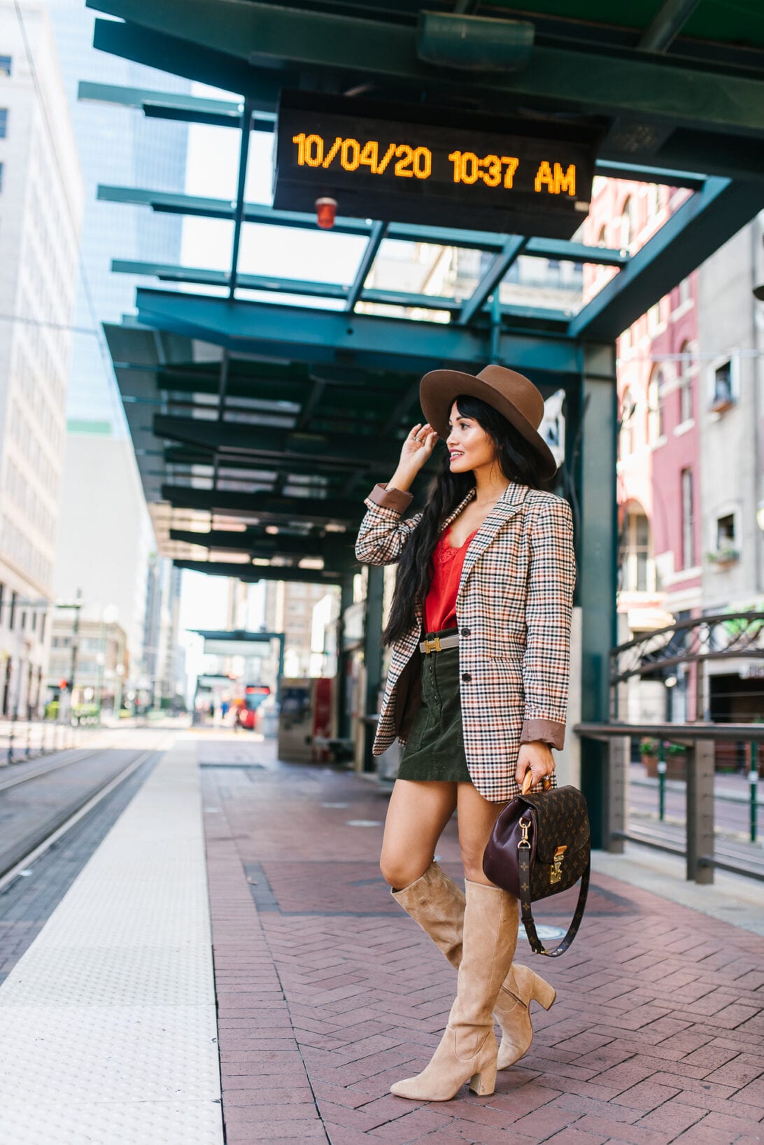 fall blazer, $30 fall blazer, knee high suede boots, LV shoulder bag