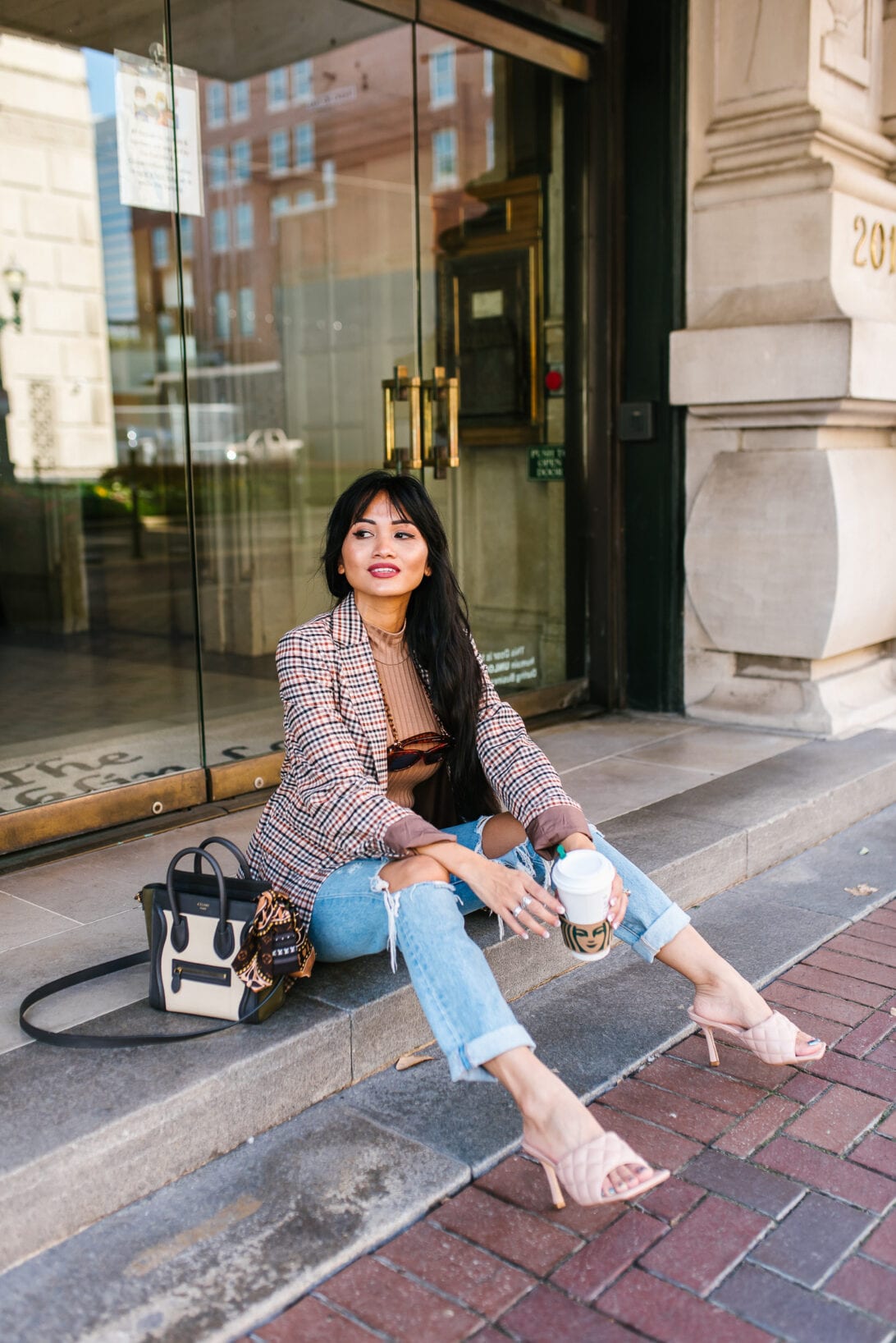 fall plaid blazer, boyfriend jeans, Celine nano luggage bag