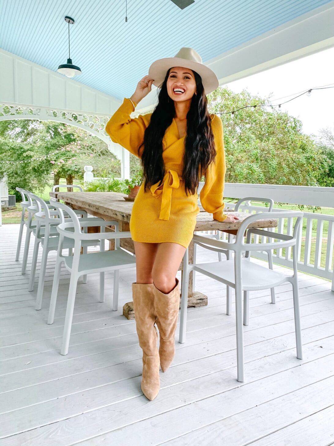 mustard yellow wrap sweater dress 