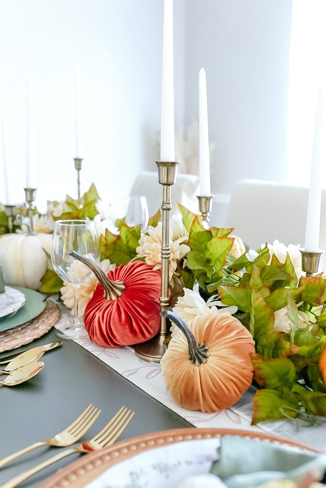 gold candle sticks, velvet pumpkins, etsy, dining room table decor 