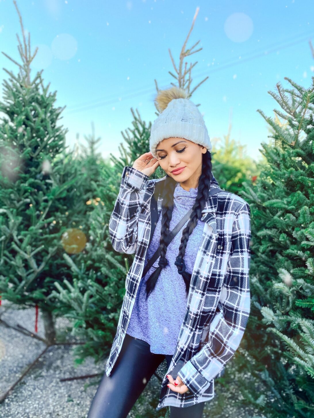 WHITE POM BEANIE, SHACKET, PLAID SHACKET, SHIRT JACKET, BLACK LEGGINGS, WALMART STYLE 