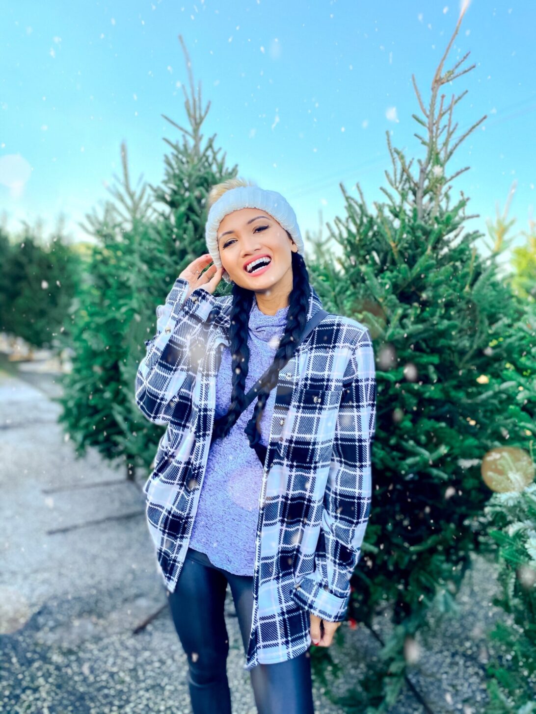 winter styles under $25, shacked, plaid shirt, white pom beanie 