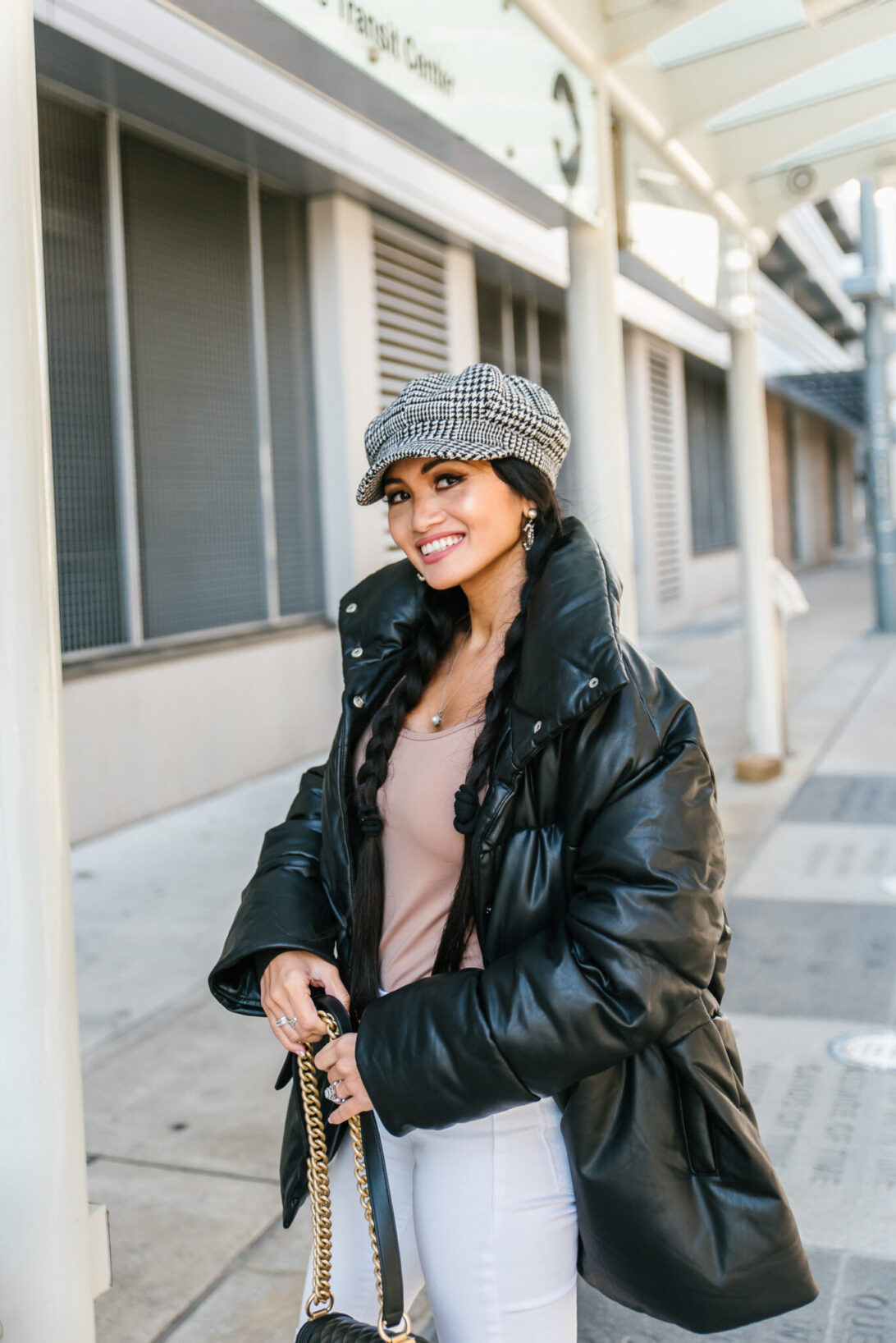 Black leather bubble outlet jacket