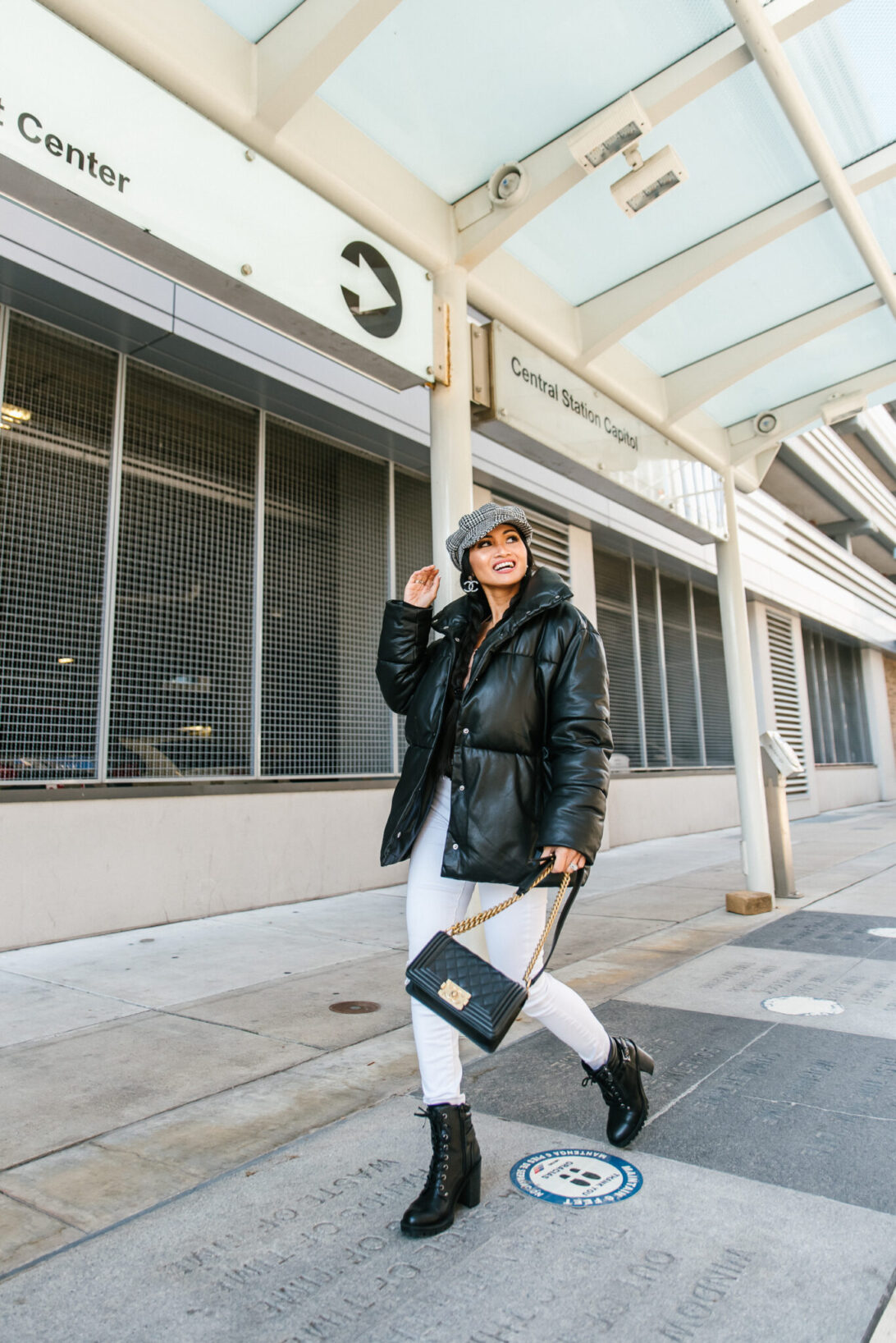 black puffer jacket, leather puffer jacket, CHANEL BOY BAG 