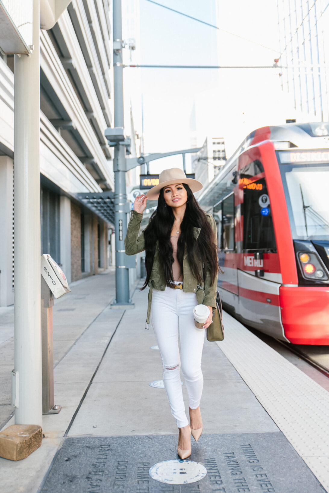 transitional pieces, white jeans, nude heels 