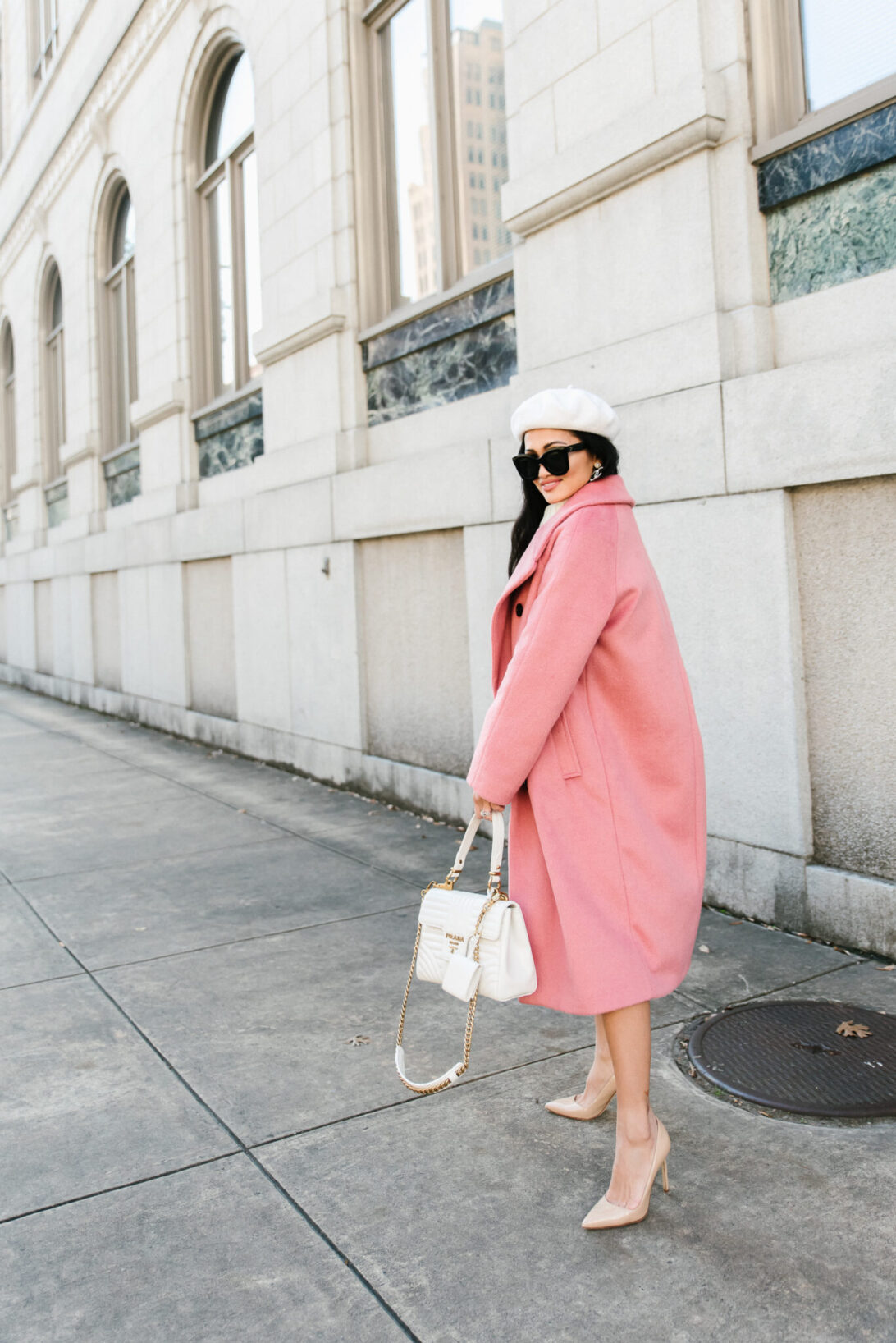 PRADA BAG, WHITE BERET, PINK WOOL COAT 