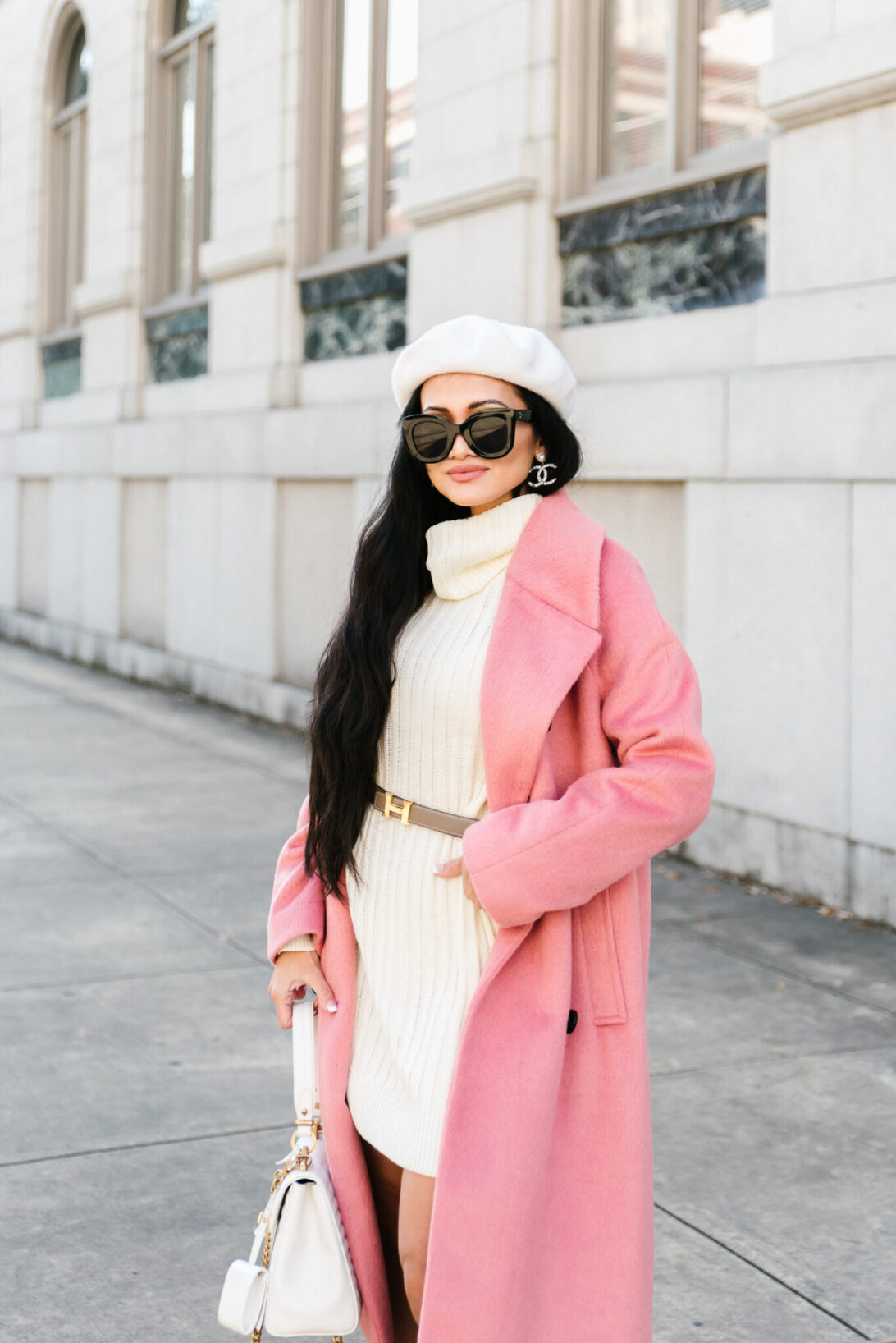 WHITE BERET, PINK COAT, HERMES BELT, WHITE SWEATER DRESS, CHANEL EARRINGS 