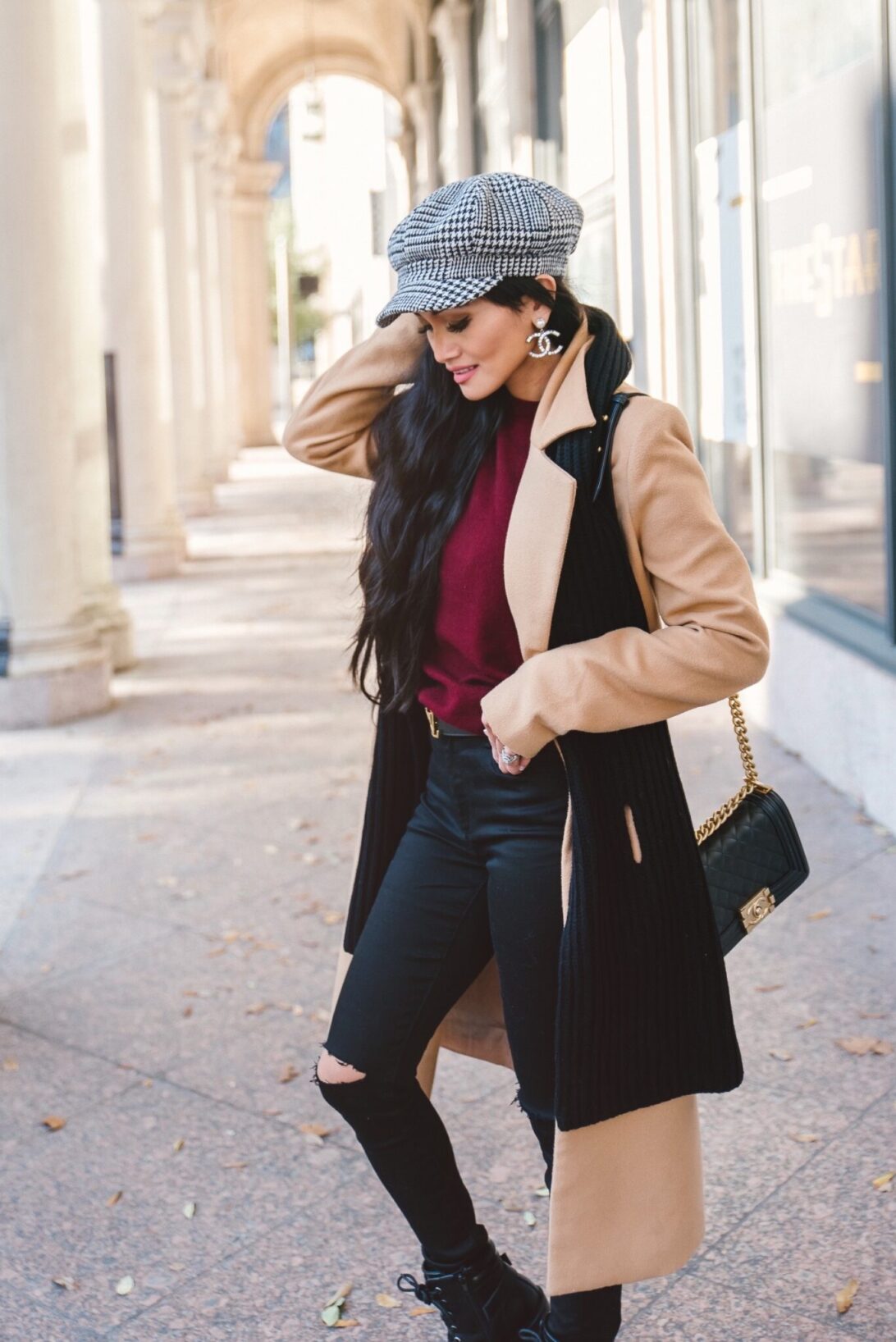 newsboy cap, Chanel CC earrings, black cashmere scarf, winter basics essentials 