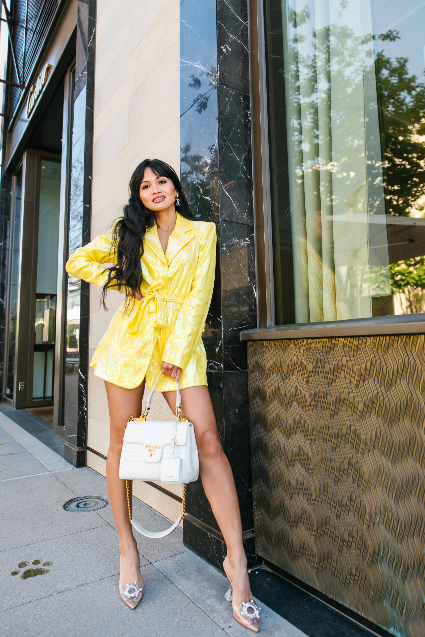 clear jeweled heels, yellow dress, birthday outfit, Prada bag 