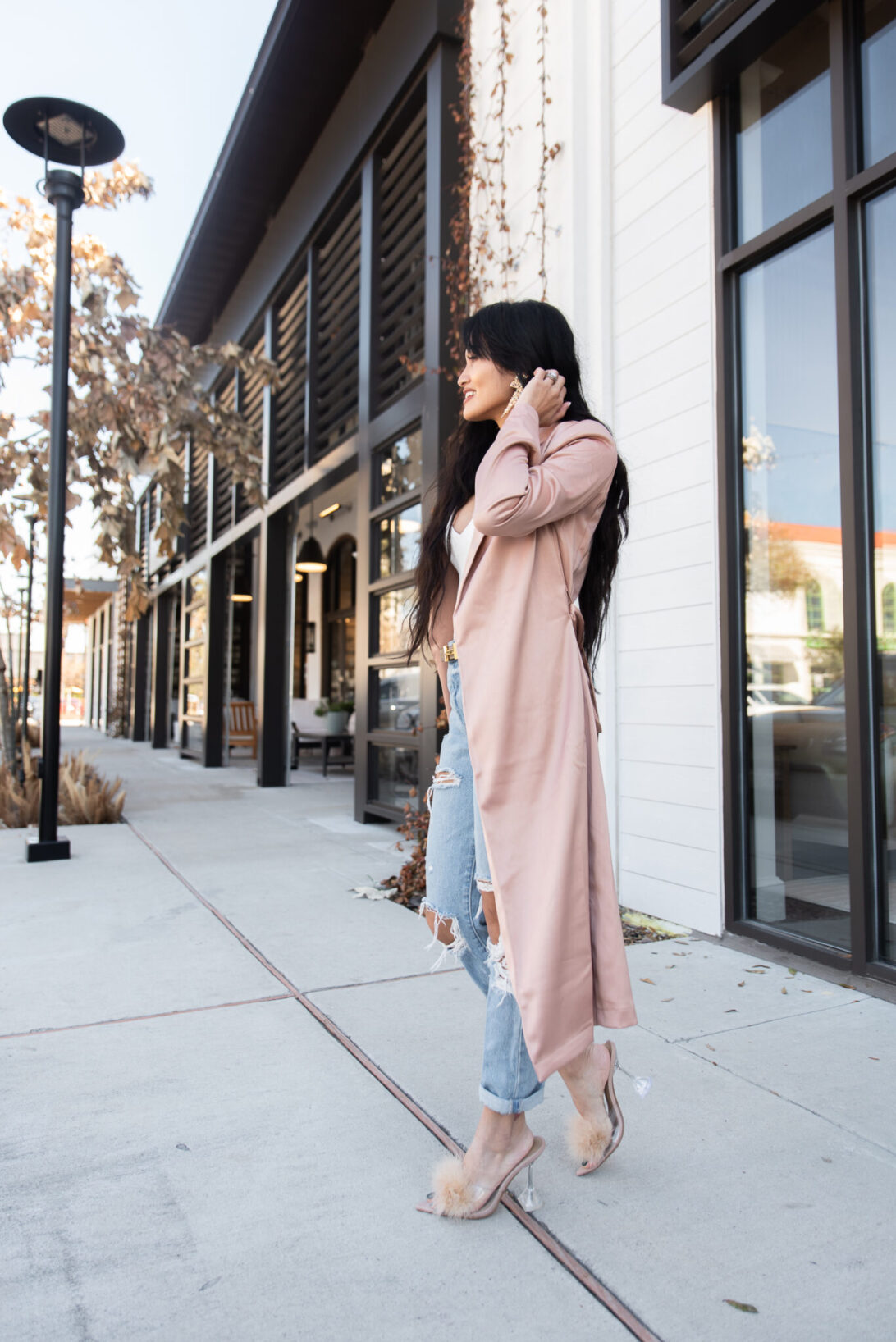 satin duster, satin cardigan, clear heels