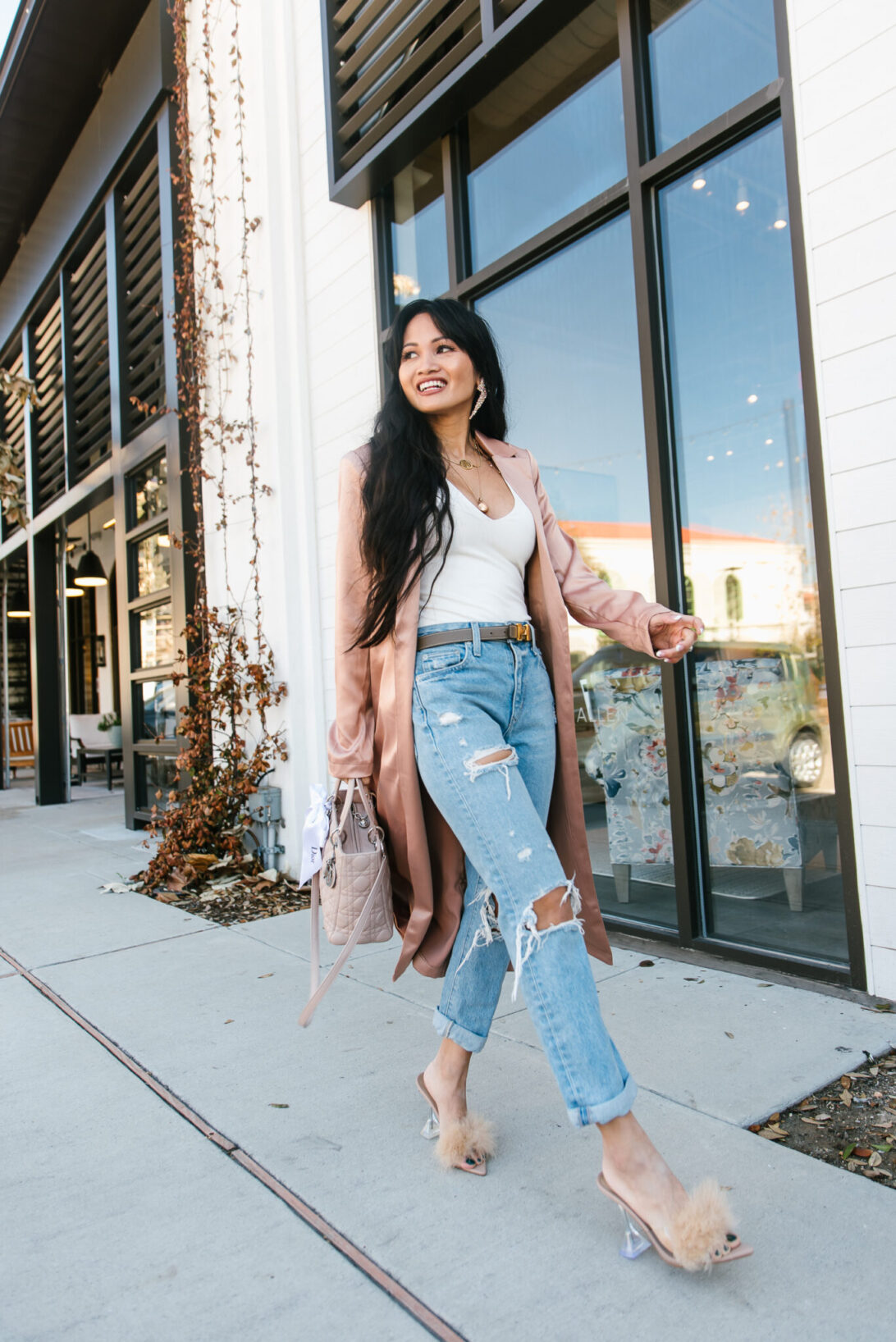 revolve, straight denim. Hermes belt, feather heels, spring style 