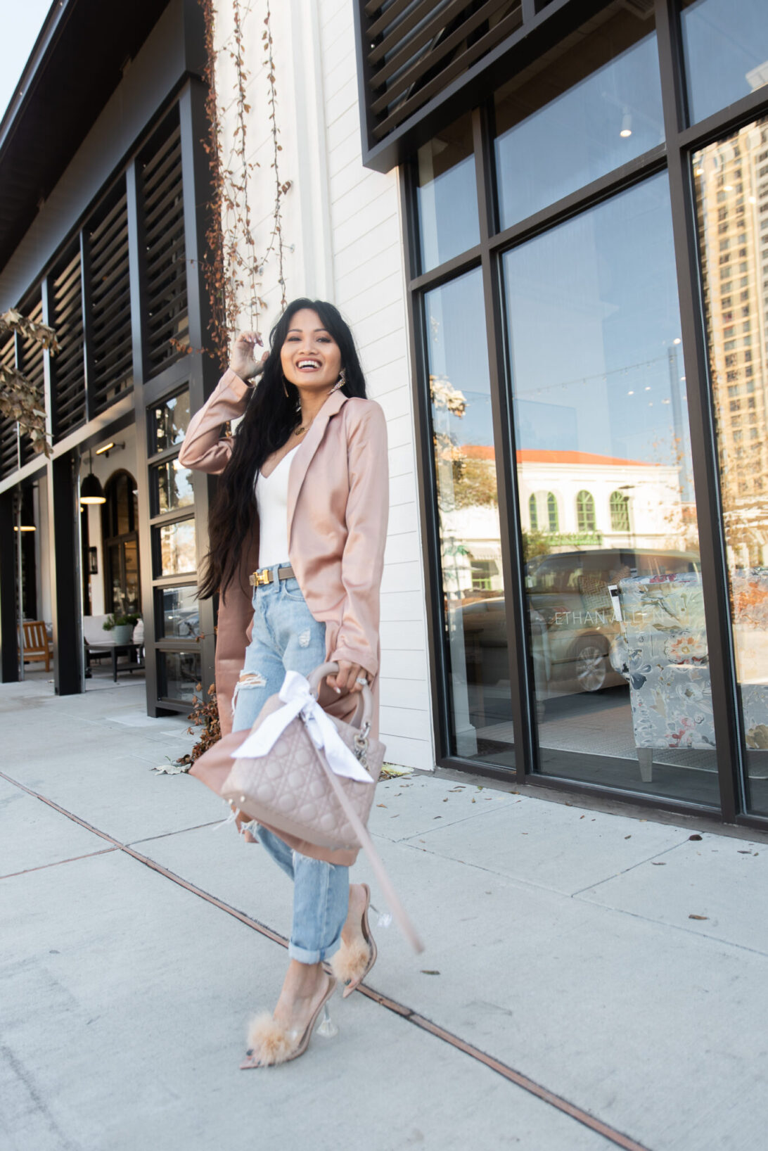 pink blazer, spring outfit, clear fur heels 