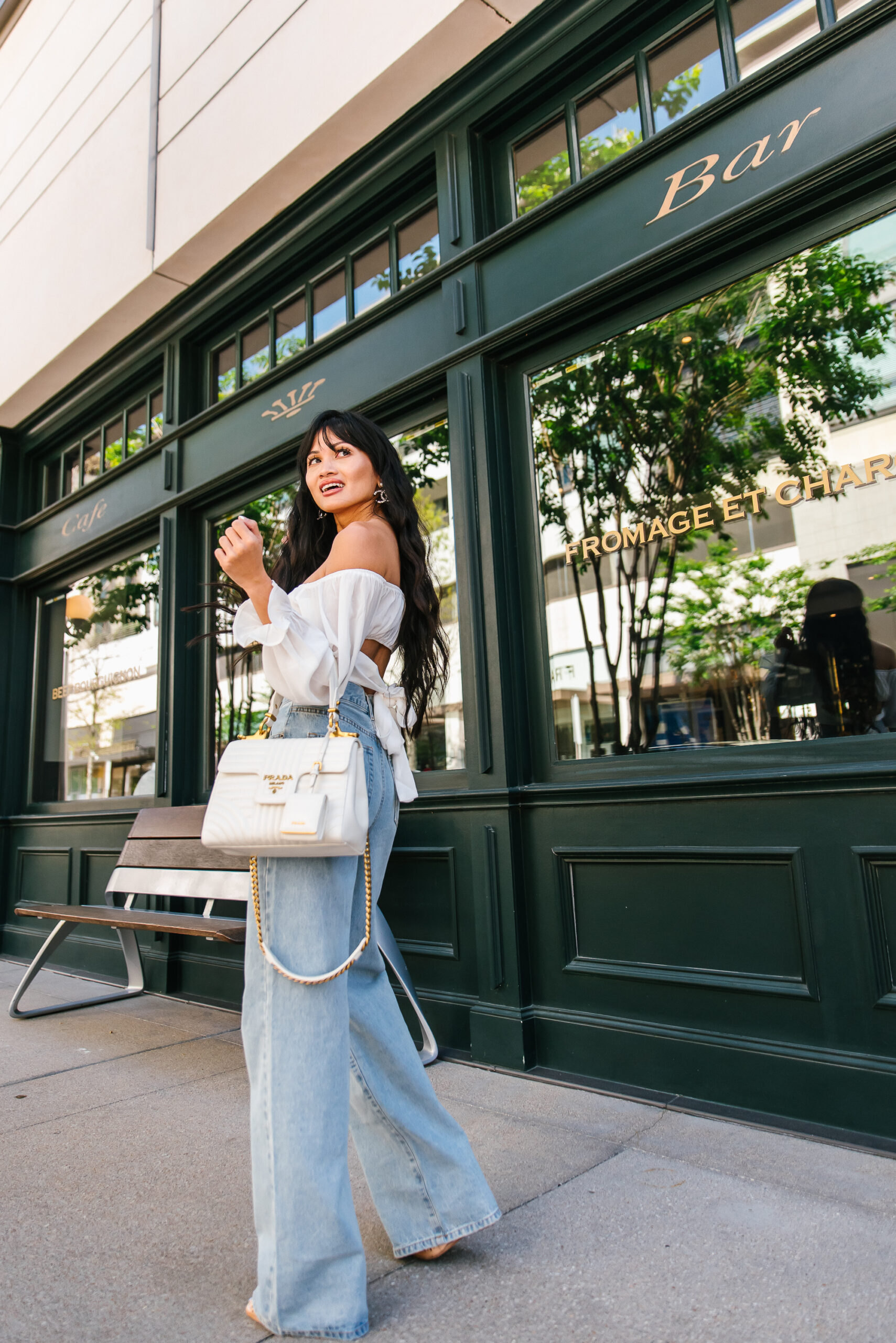 HIGH WAISTED WIDE LEG PANTS, PRADA BAG