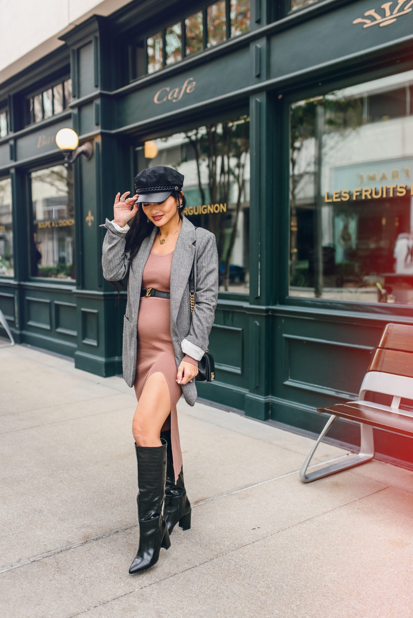 black knee high boots, Chanel boy bag, bump style, winter outfit, pregnancy style 