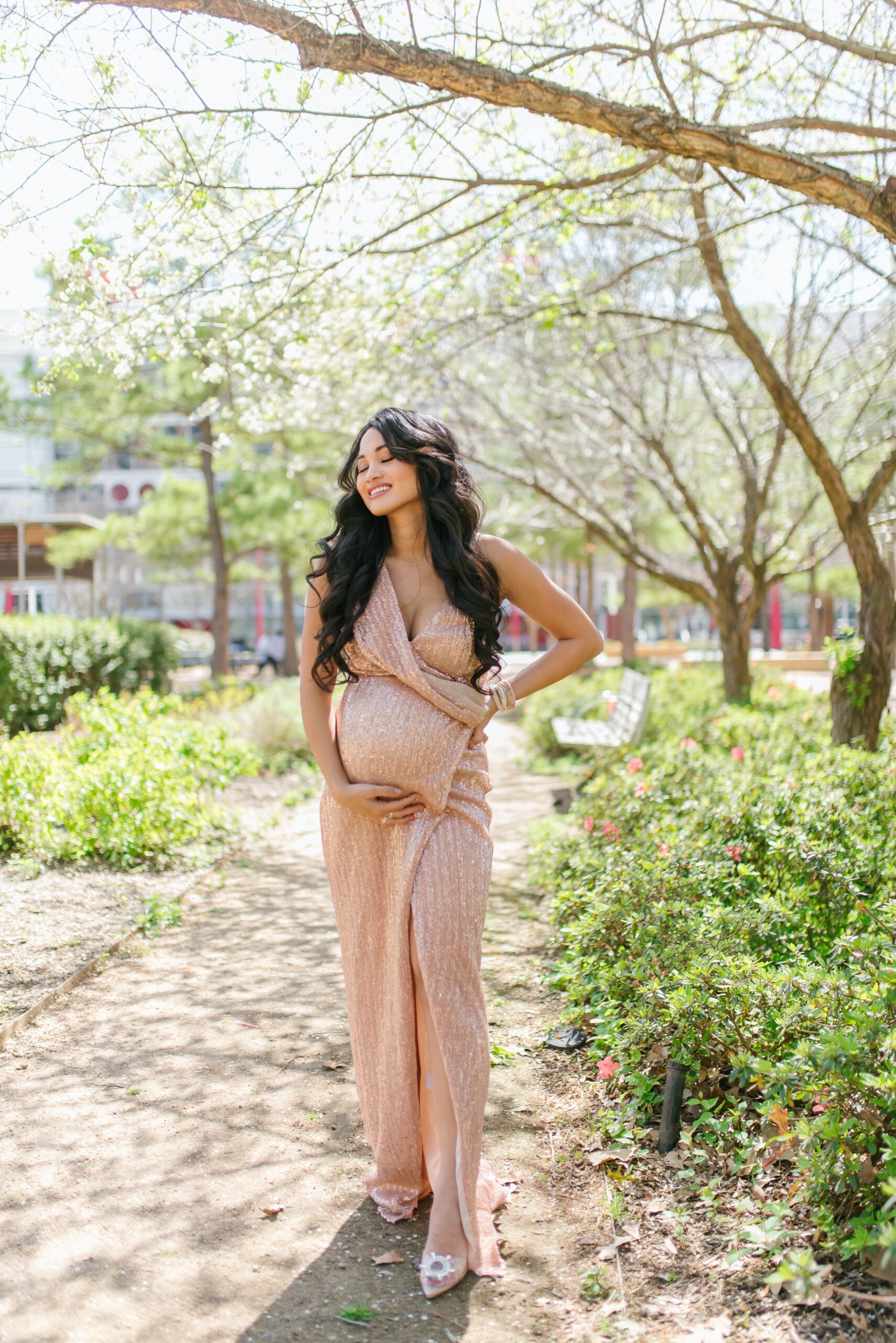 baby shower dress, maternity photos, maternity dress, pink sequin dress, bump style, pregnancy style 