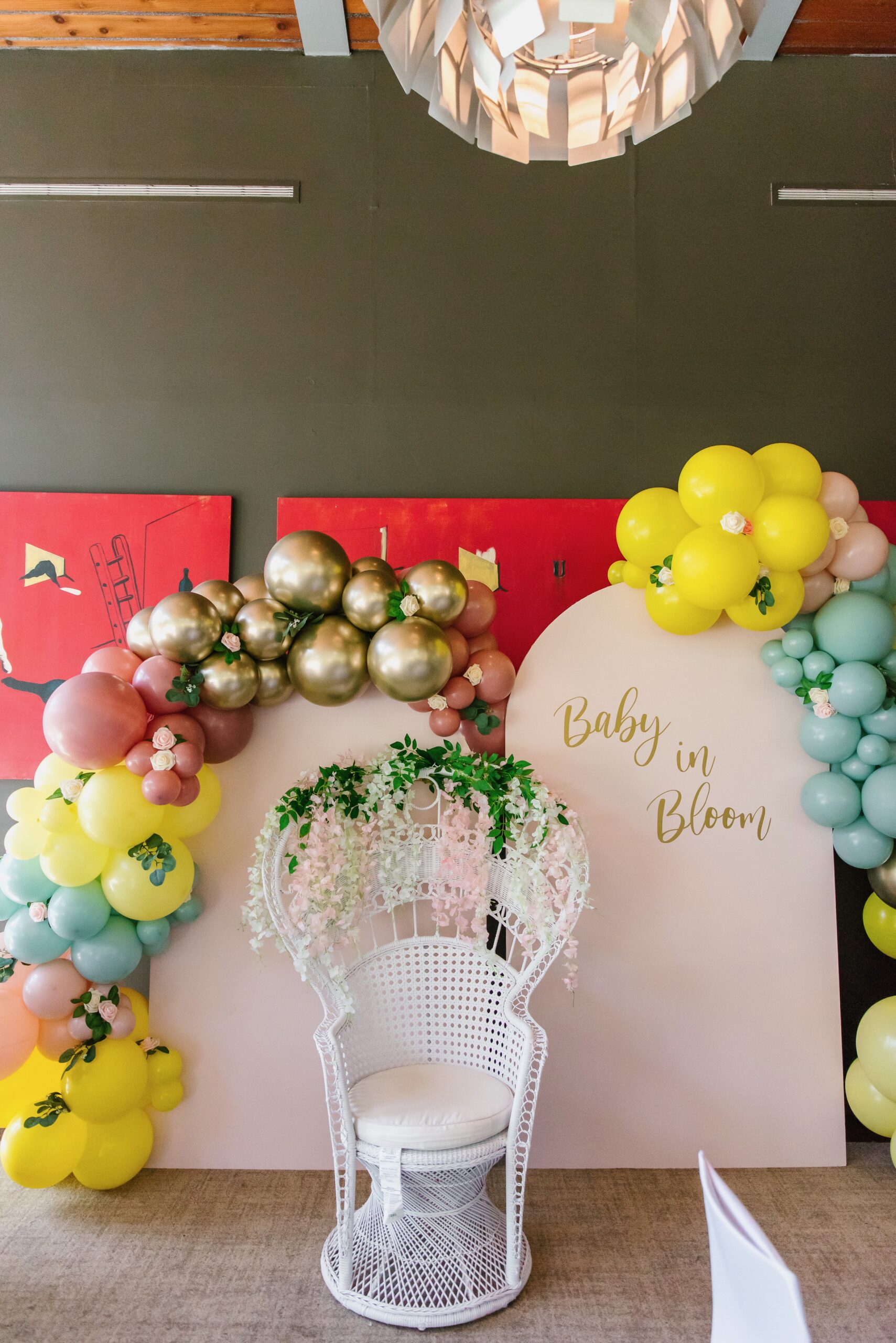 baby shower garland, backdrop, yellow baby shower, floral baby shower, baby girl shower, balloon garland, baby in bloom, peacock chair 