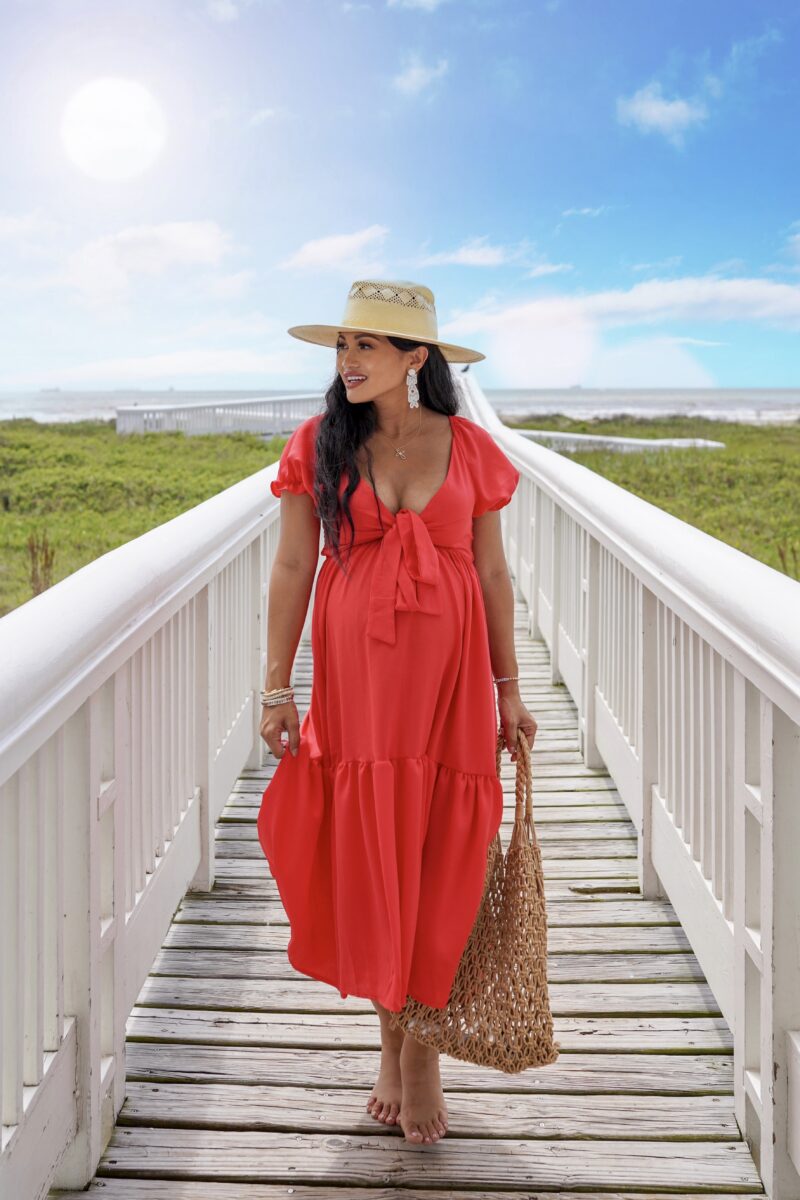 Memorial Day dress, straw hat, woven bag, pregnancy style, summer pregnancy outfit, bump style, mom earrings 