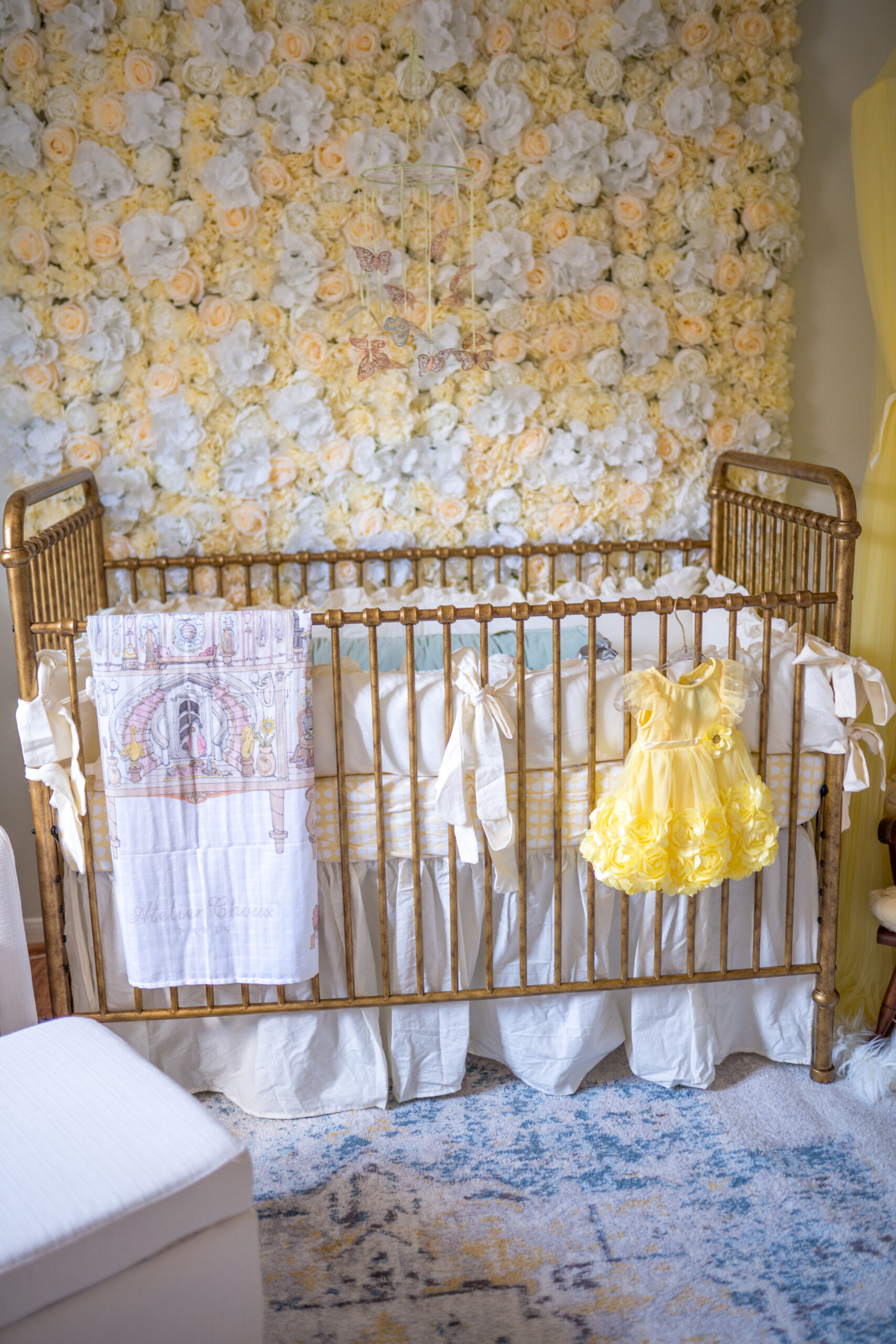 girl nursery, french nursery, yellow nursery, gold crib, metal crib