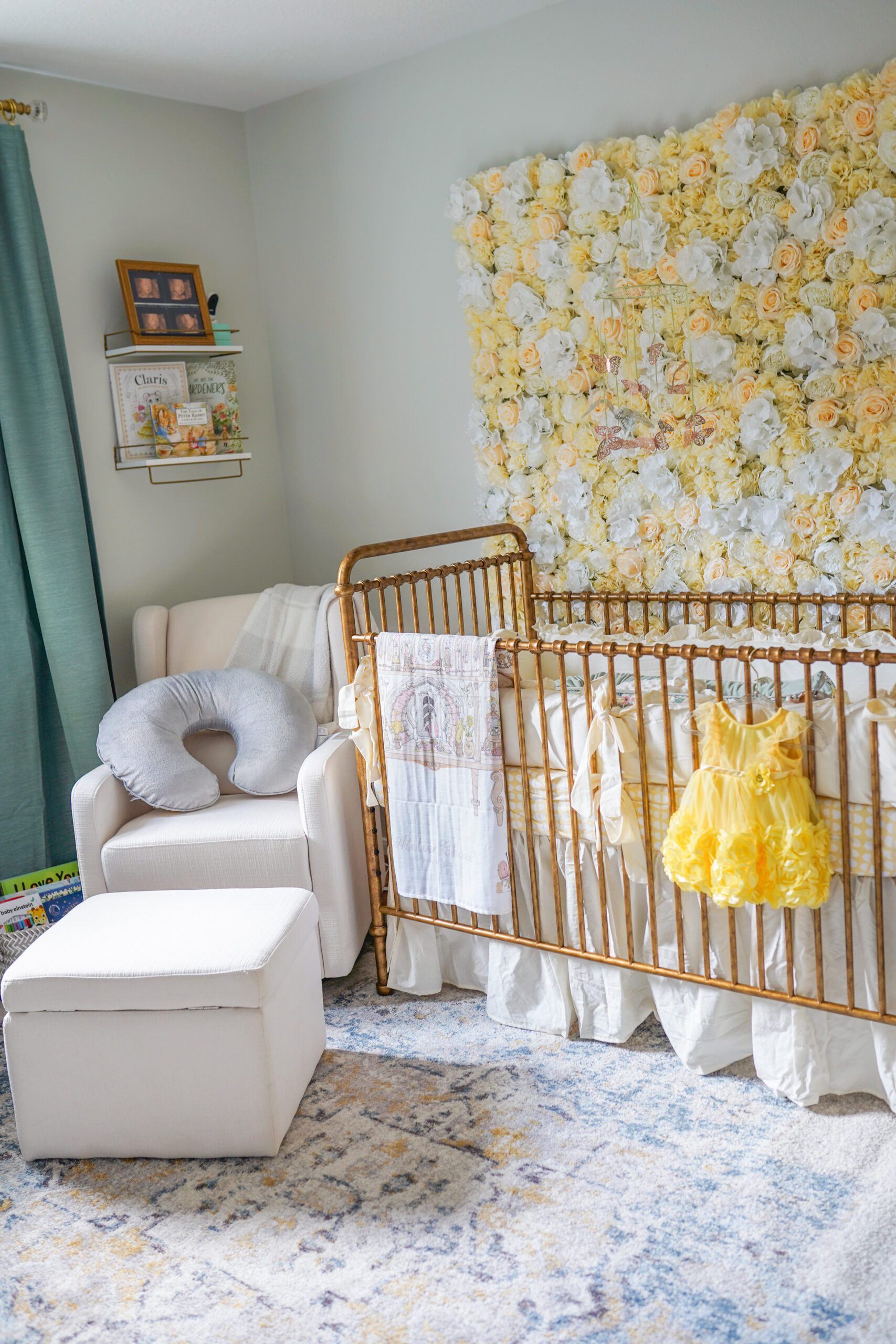nursery crib, metal crib, french nursery , white glider, flower wall 