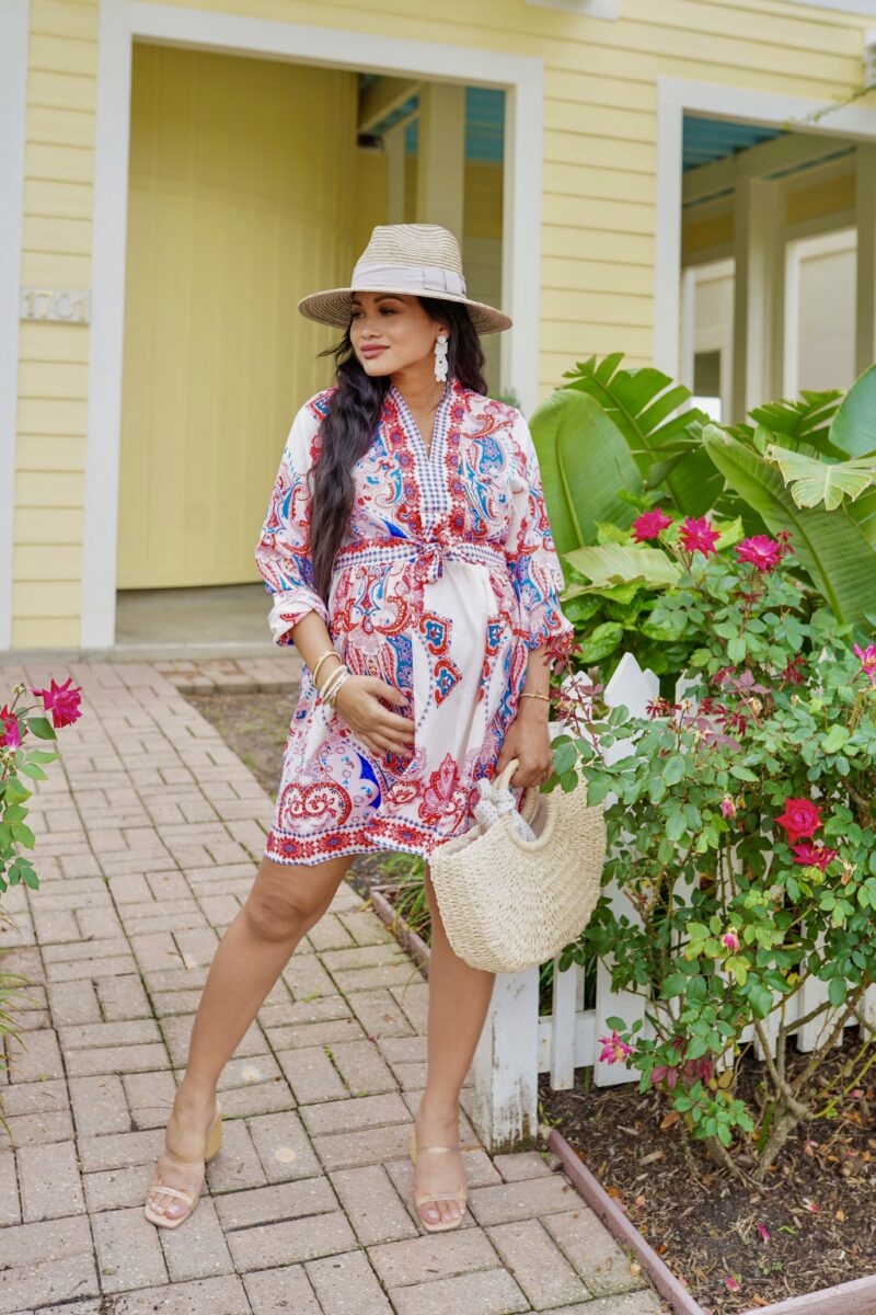 Pregnancy Friendly Paisley Dress, clear sandals, straw hats 