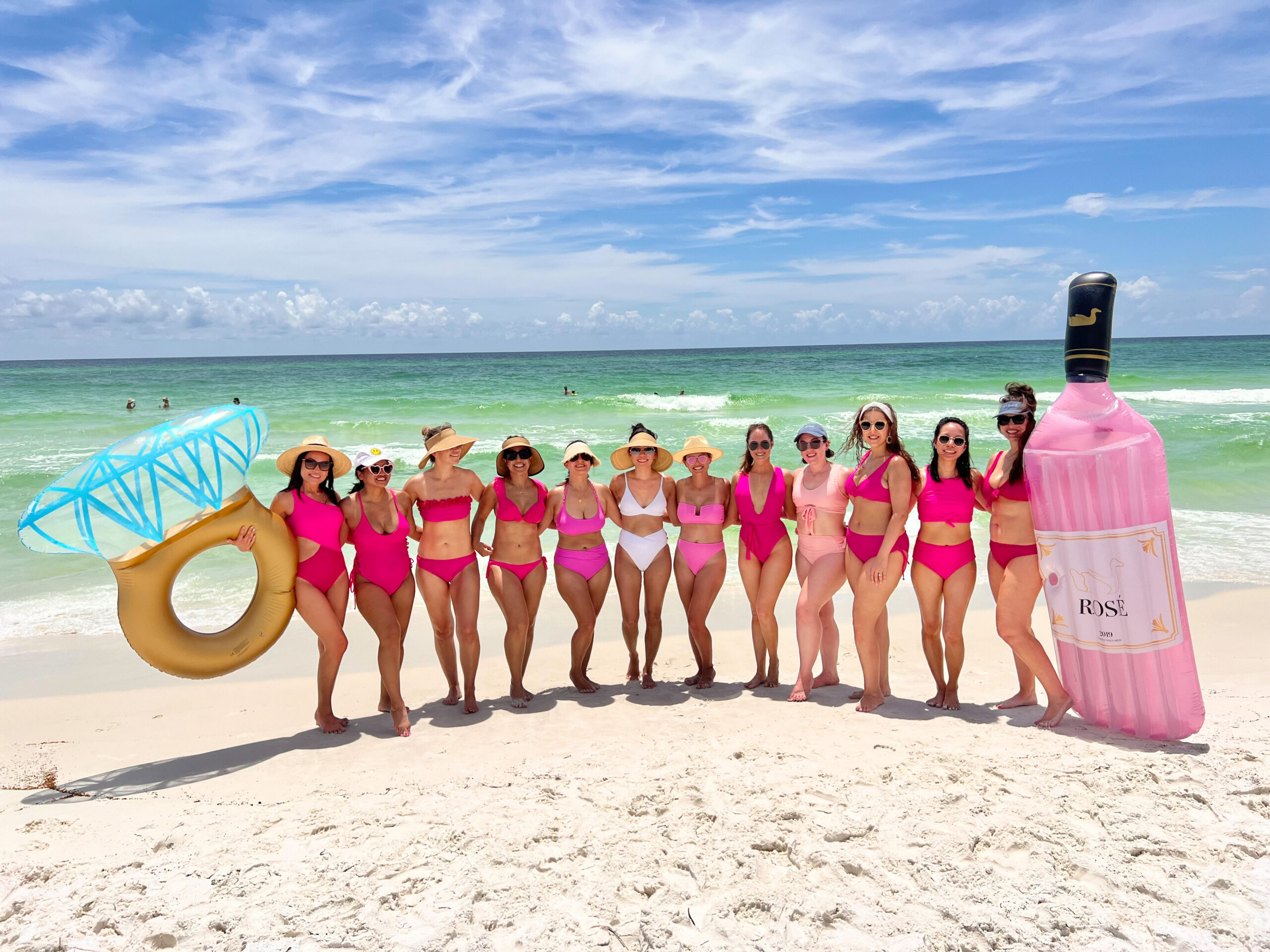 Seaside Bachelorette Party, pink matching swimsuit 