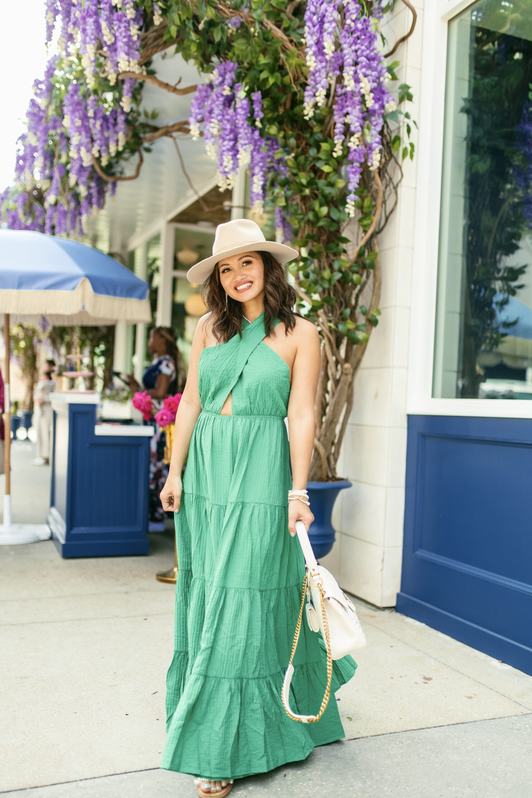 maxi dress, green dress, resort style, Prada bag, spring outfit, spring dress, fedora, vacation dress
