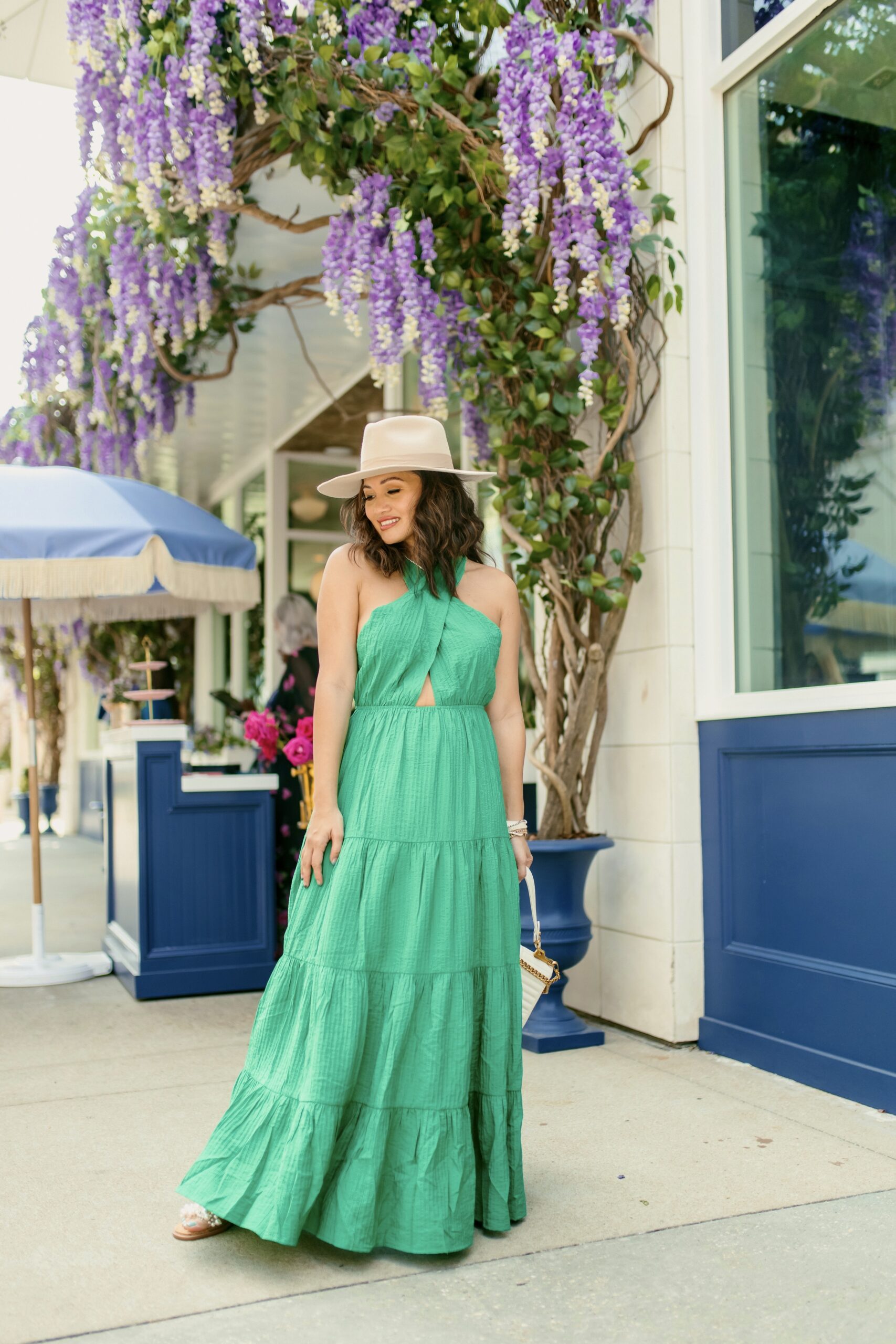 maxi dress, green dress, resort style, Prada bag, spring outfit, spring dress, fedora, vacation dress