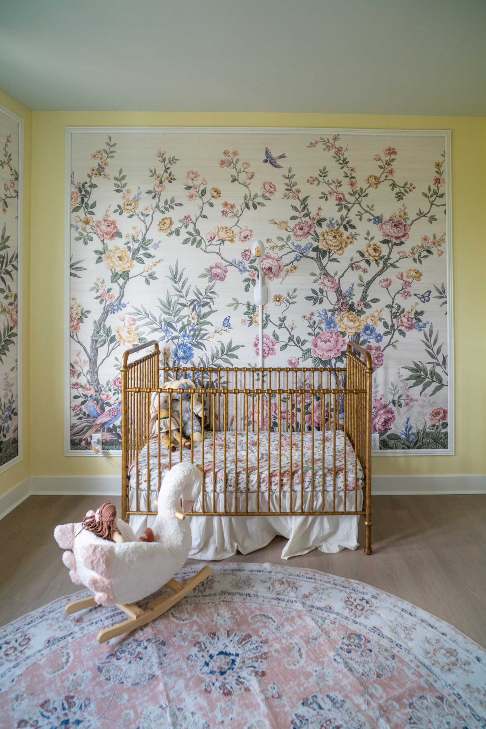 chinoiserie wallpaper, wallpaper mural, floral wallpaper, gold crib, metal crib, baby monitor, girl nursery, yellow nursery 