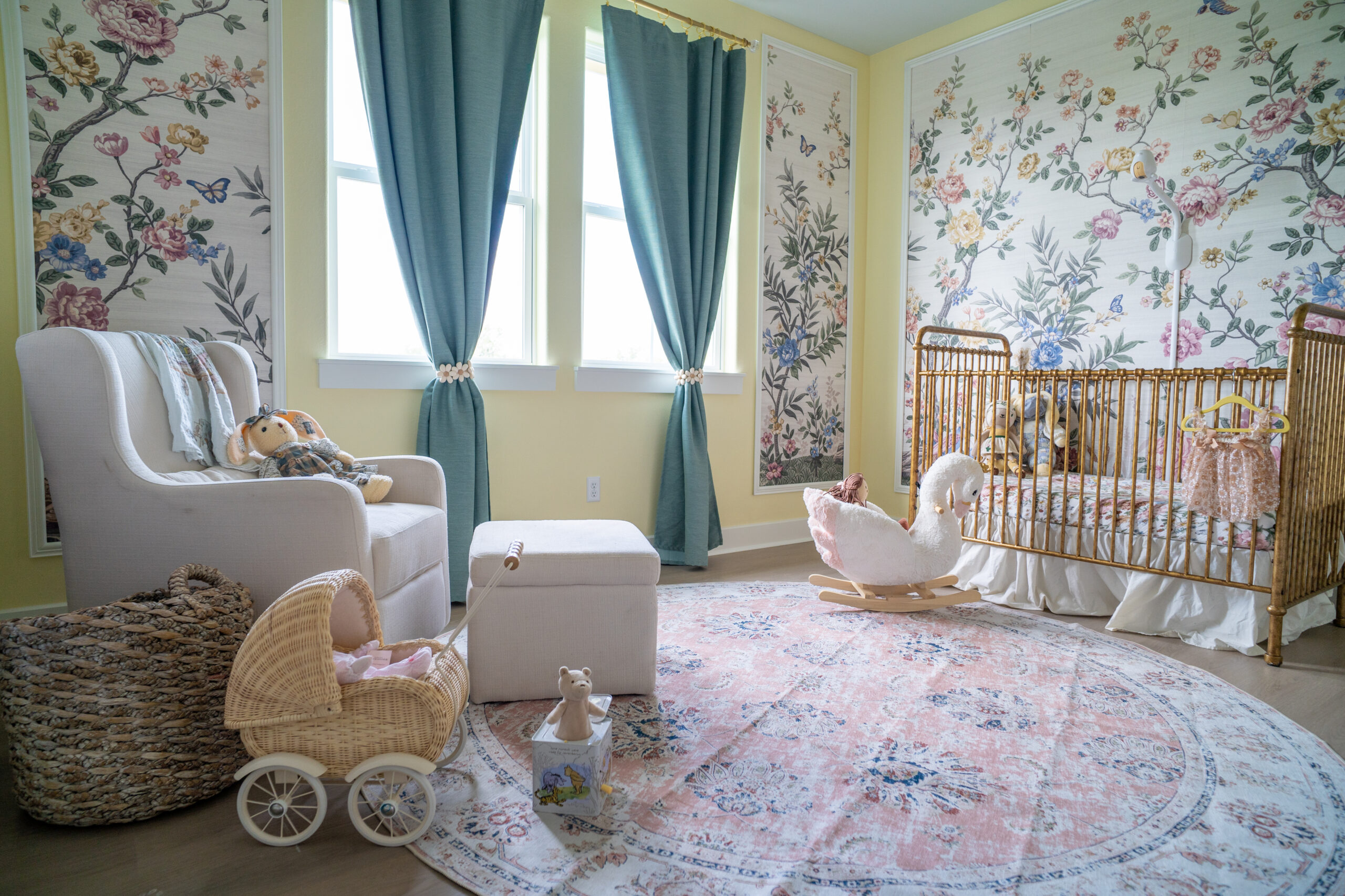 baby swan rocker, baby nursery, french nursery, floral nursery 