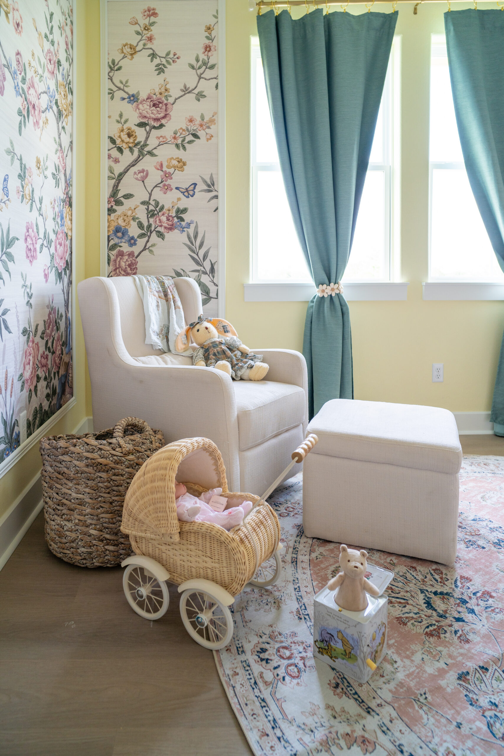 glider, nursery, rocker, baby carriage, floral wallpaper, wallpaper panel, wallpaper trim